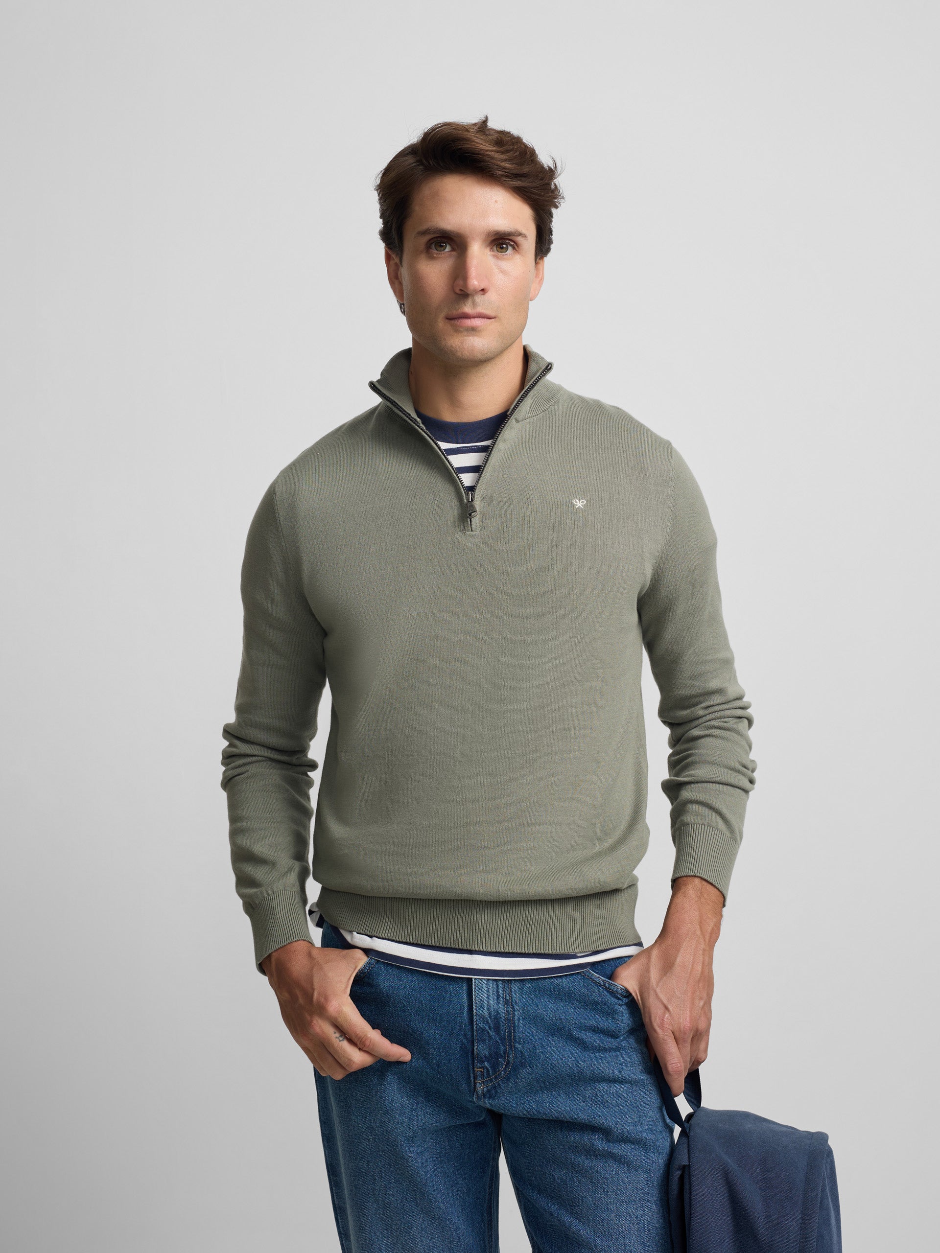 Pull uni à demi-fermeture éclair vert gris