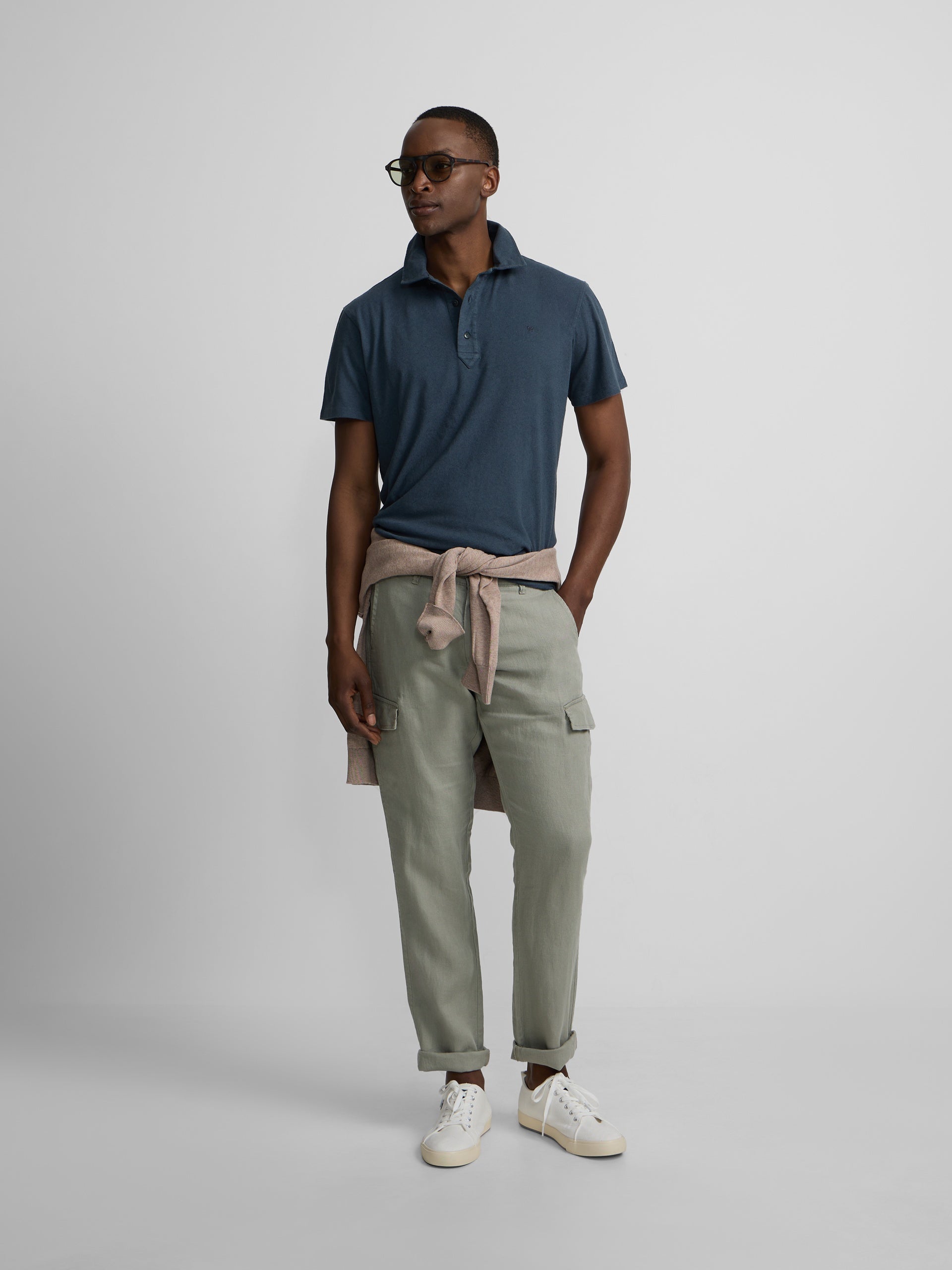 Navy blue long placket linen polo