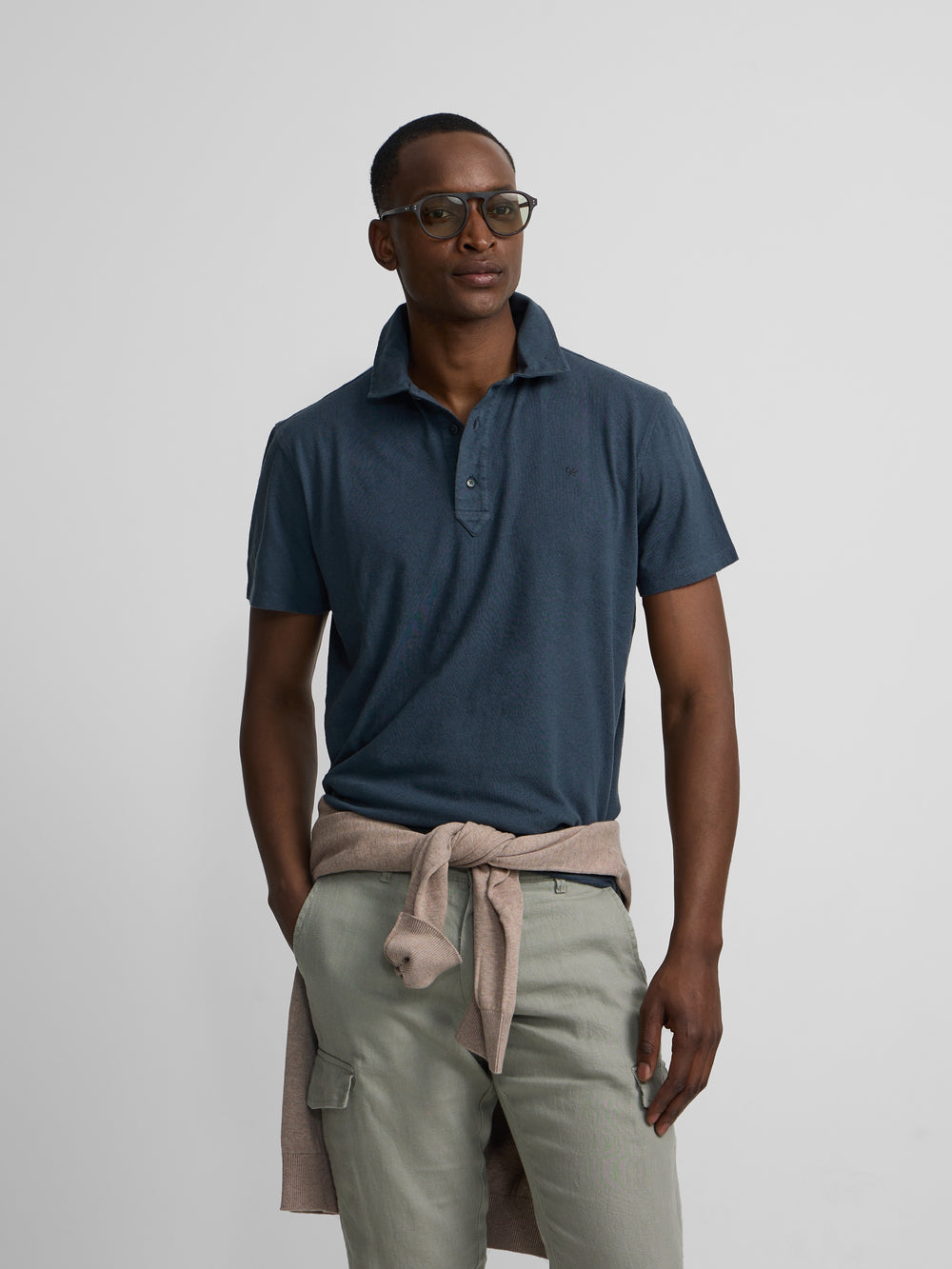 Polo lino tapeta larga azul marino