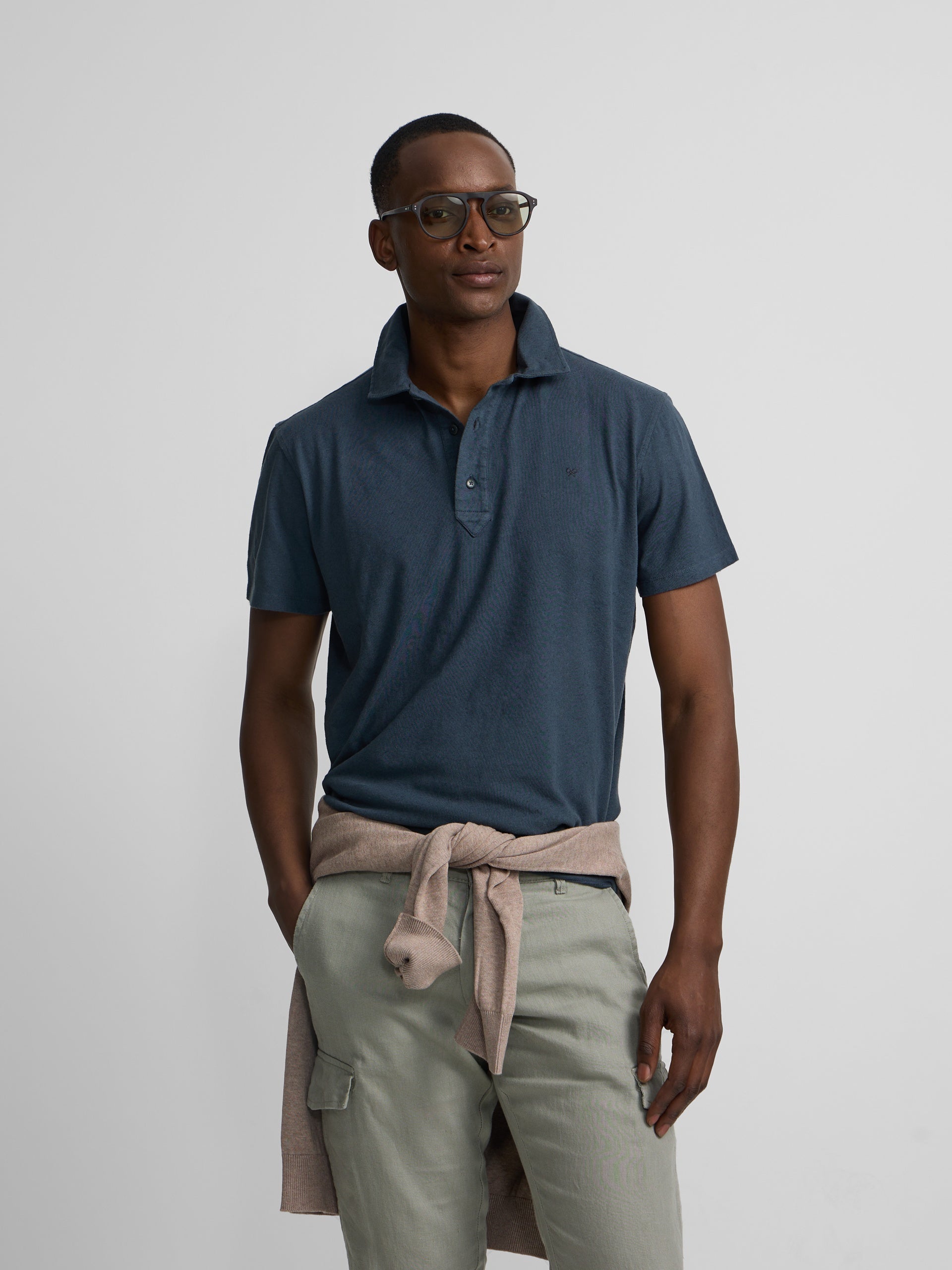 Navy blue long placket linen polo