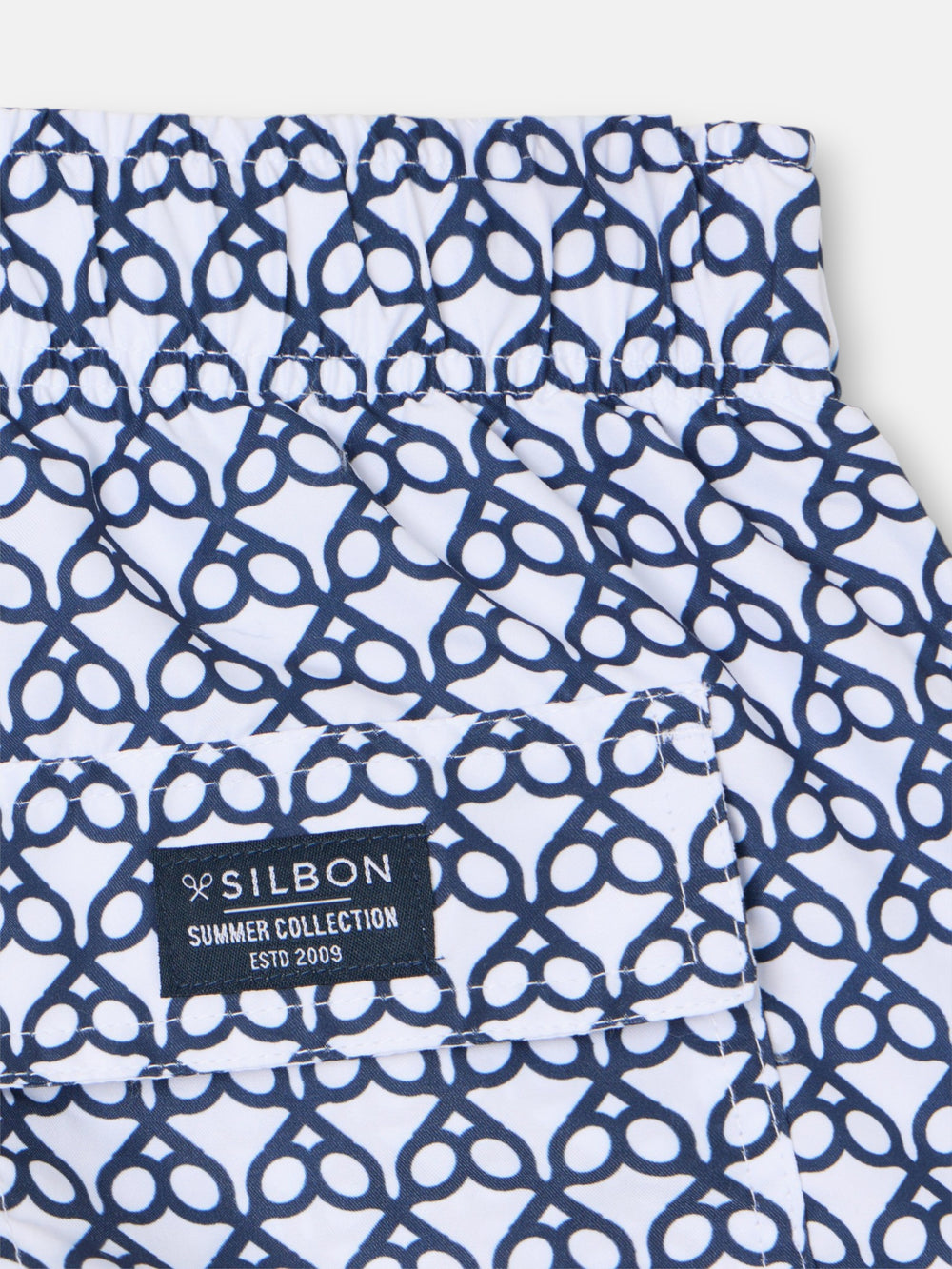 Geometric Navy Blue Racket Swim Shorts