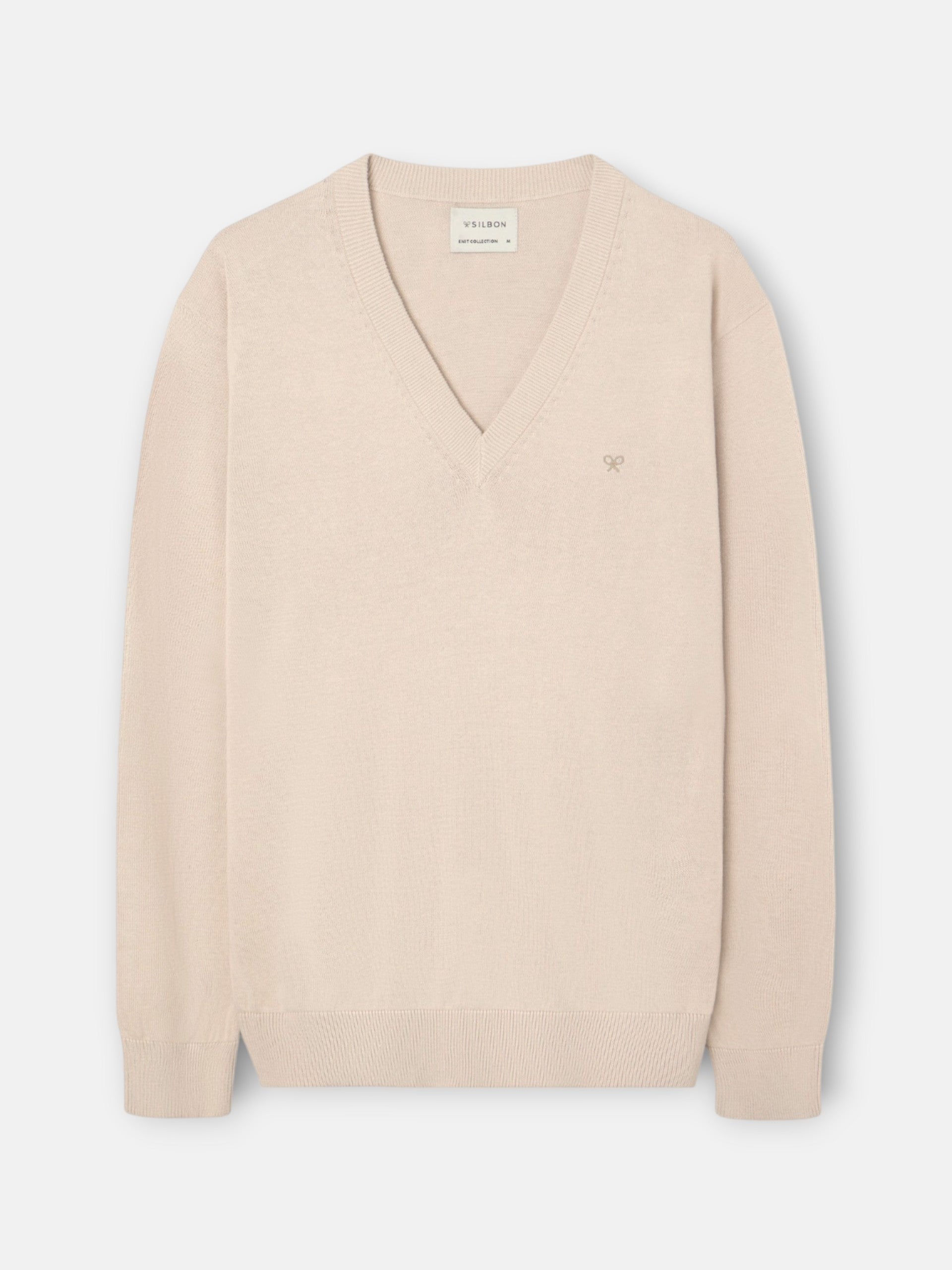 Pull col en V business beige