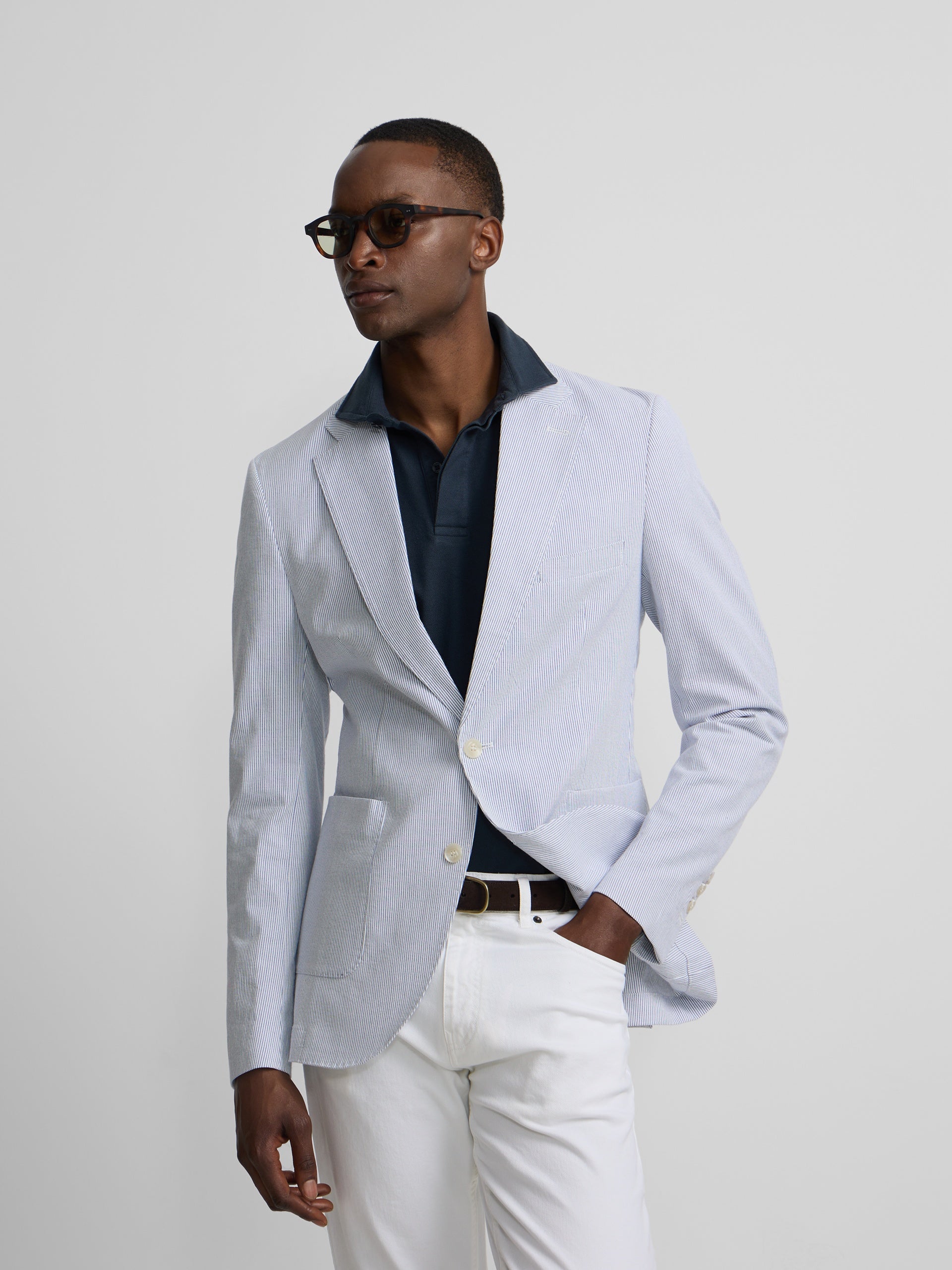 Blazer seersucker riscas azuis
