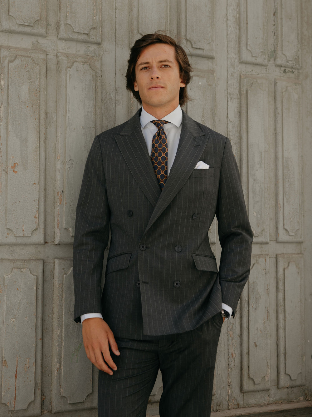 Grey pinstripe double-breasted suit jacket