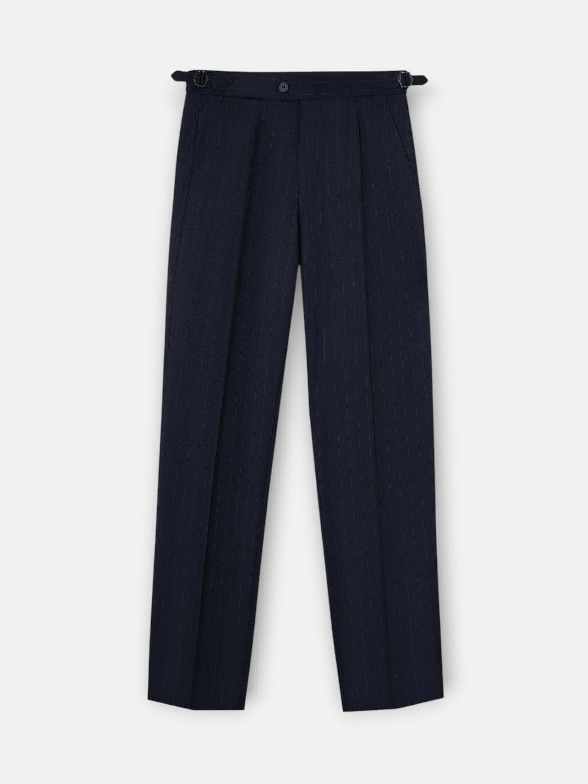 Navy blue pinstripe suit trousers