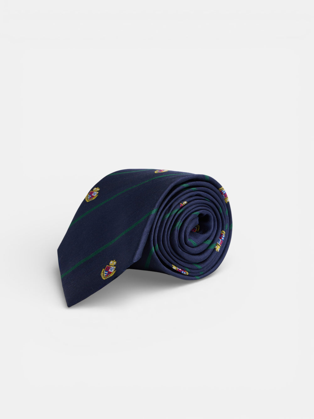 Navy blue striped tie with crests
