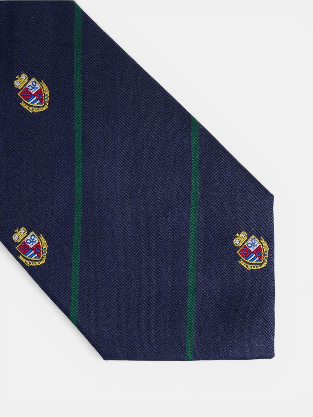 Navy blue striped tie with crests