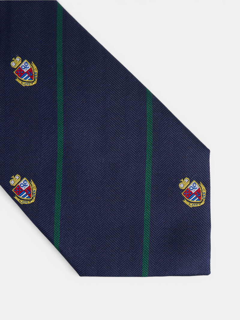 Navy blue striped tie with crests