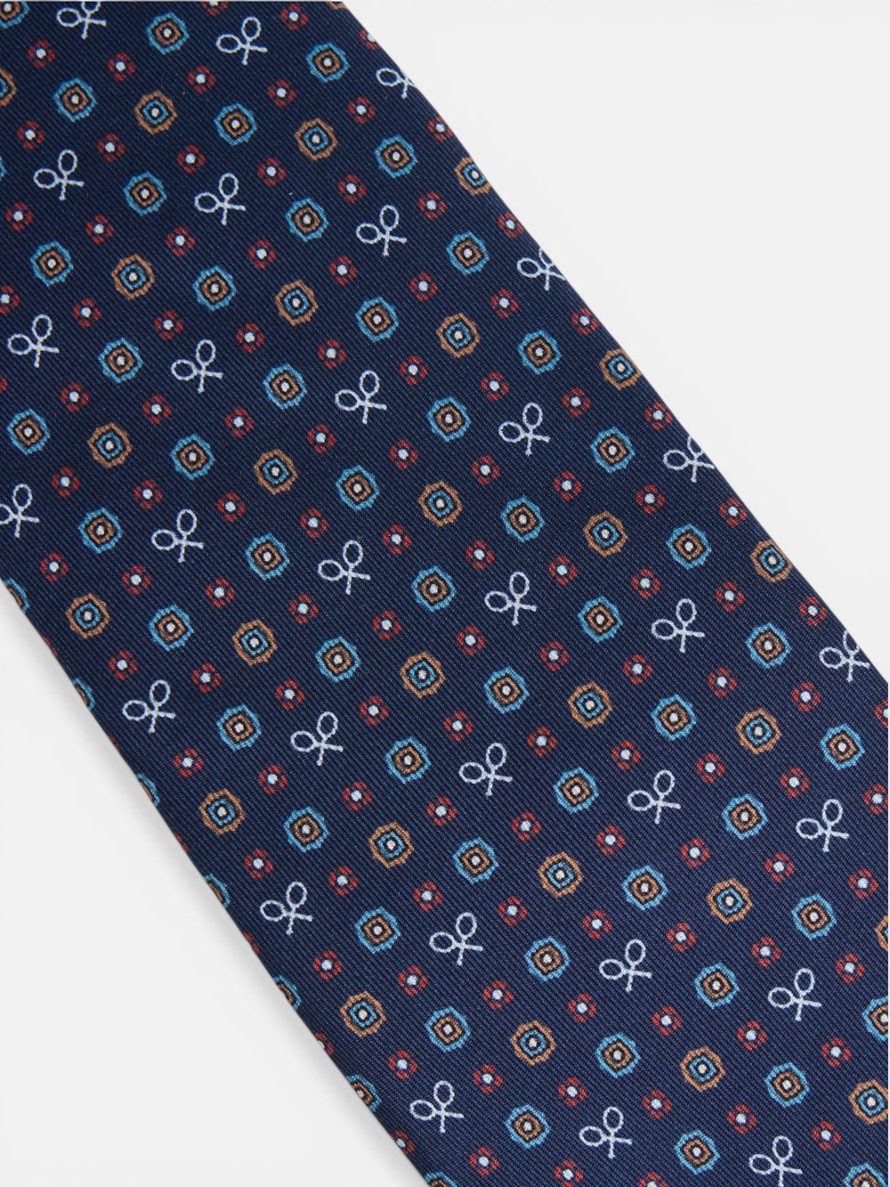 Navy blue tie with geometric racket motifs