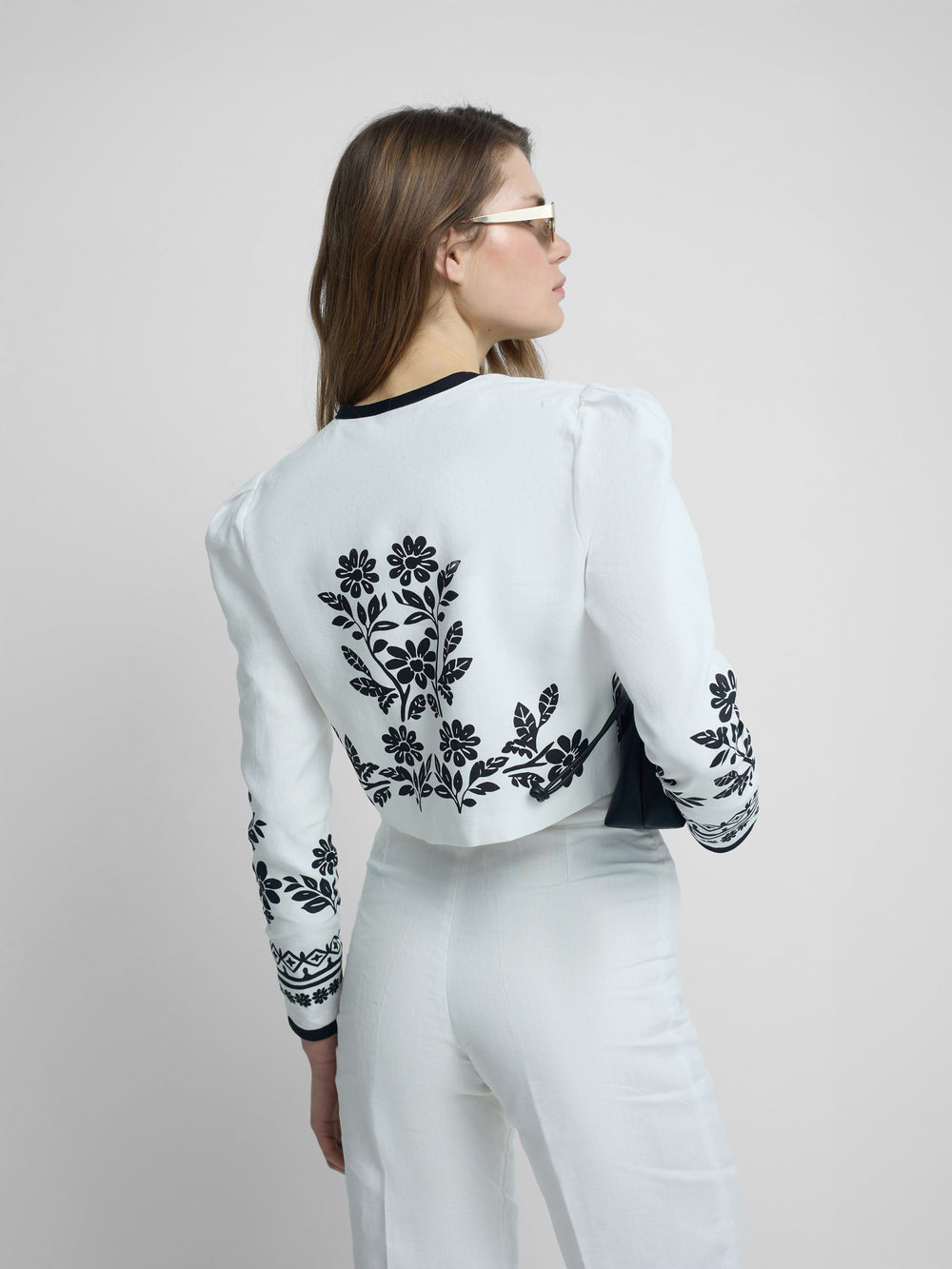 Veste courte en lin imprimé blanc