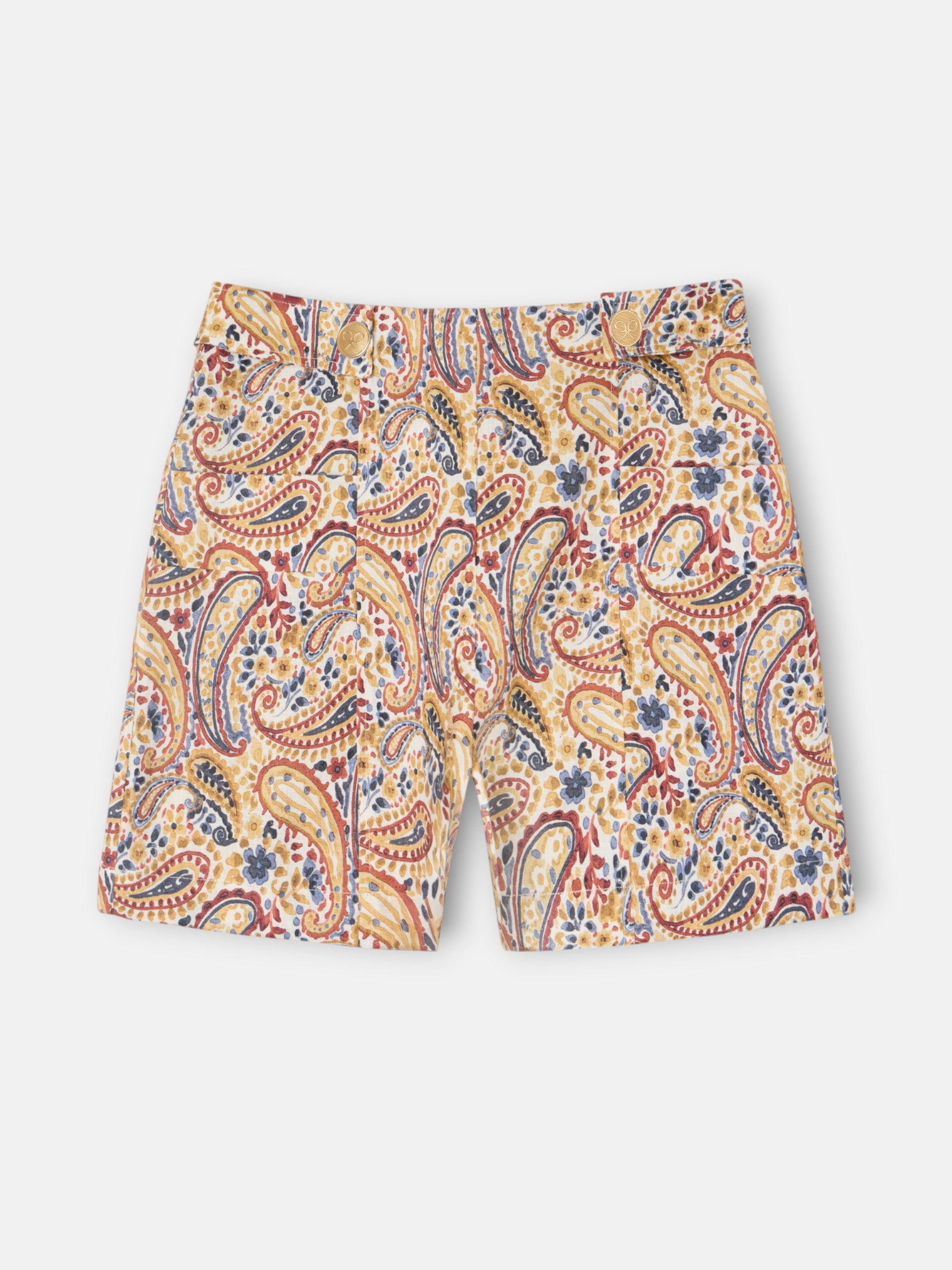 Orange paisley print linen Bermuda shorts
