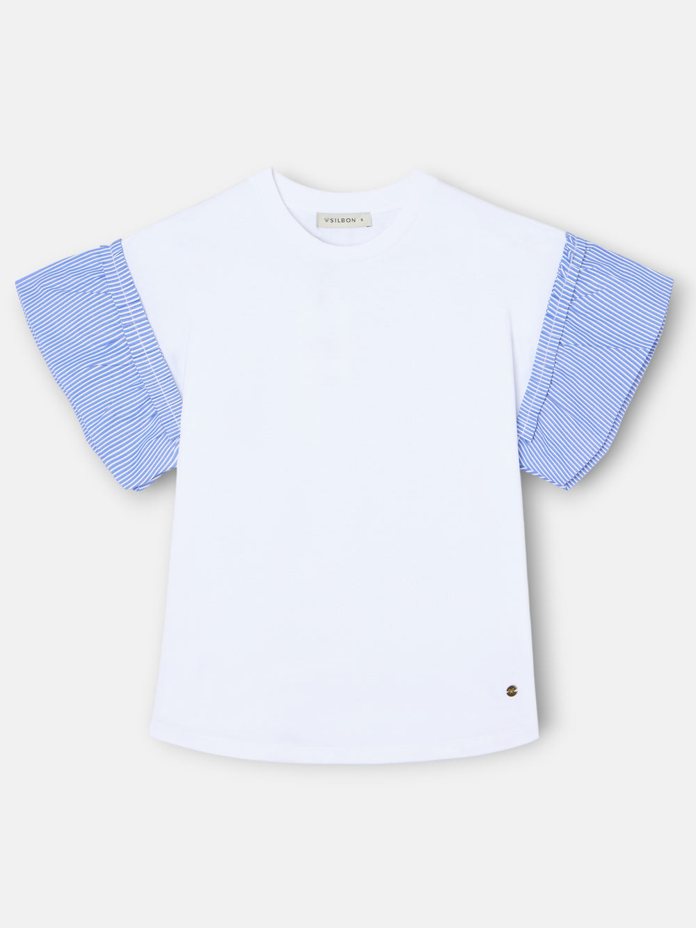 Women's t-shirt with white striped poplin ruffles