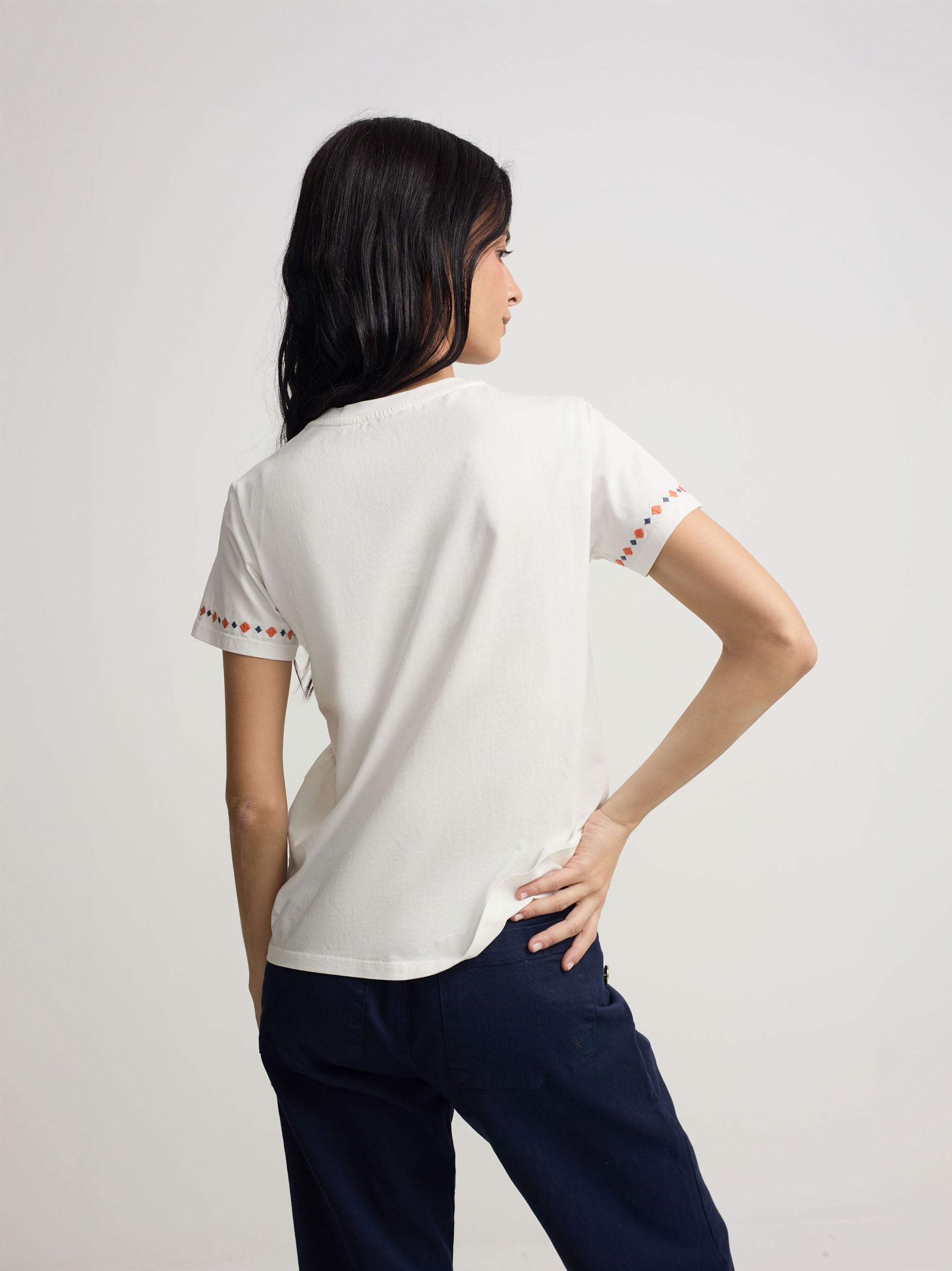 White women's t-shirt with ikat embroidery