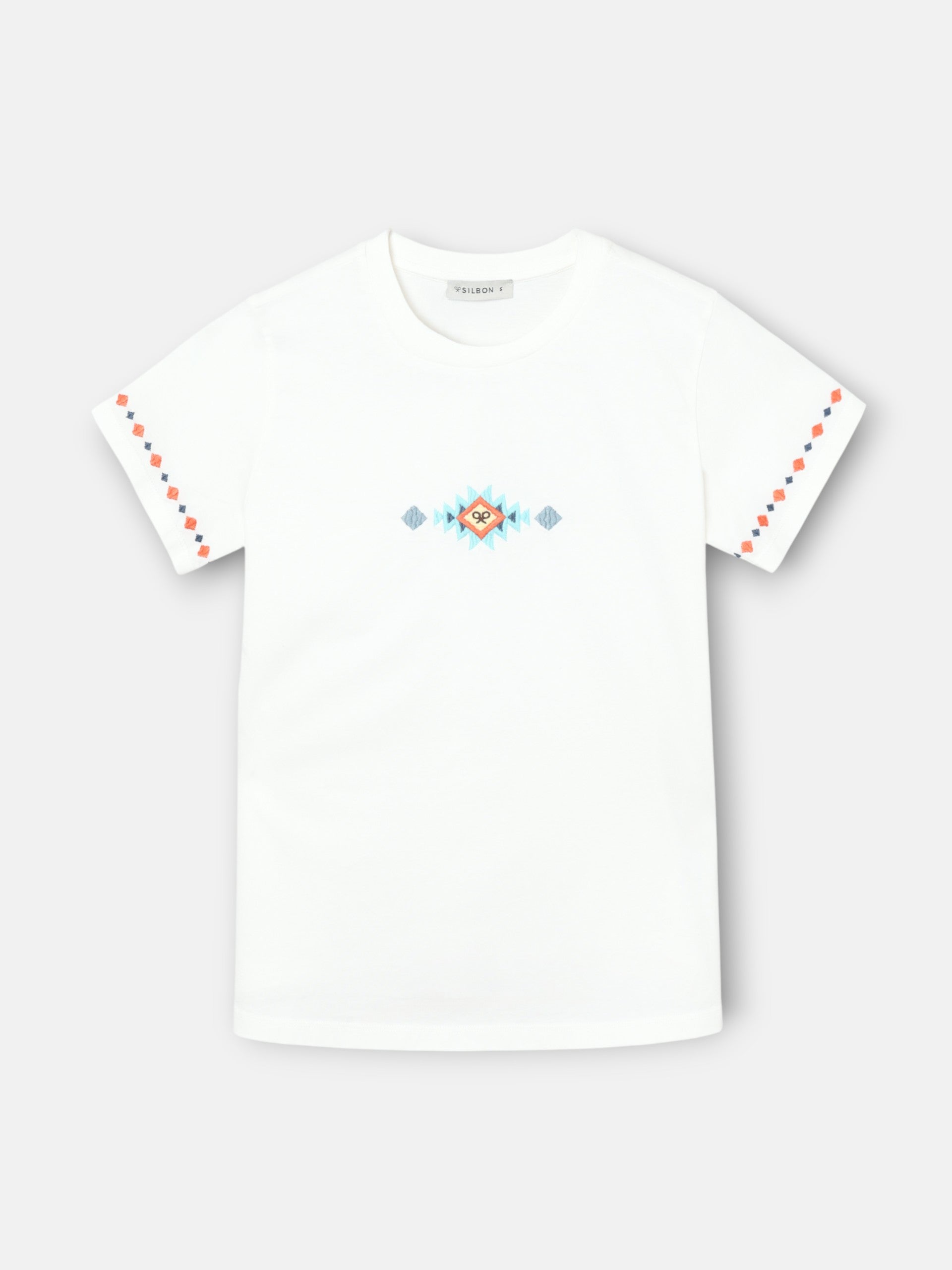 White women's t-shirt with ikat embroidery