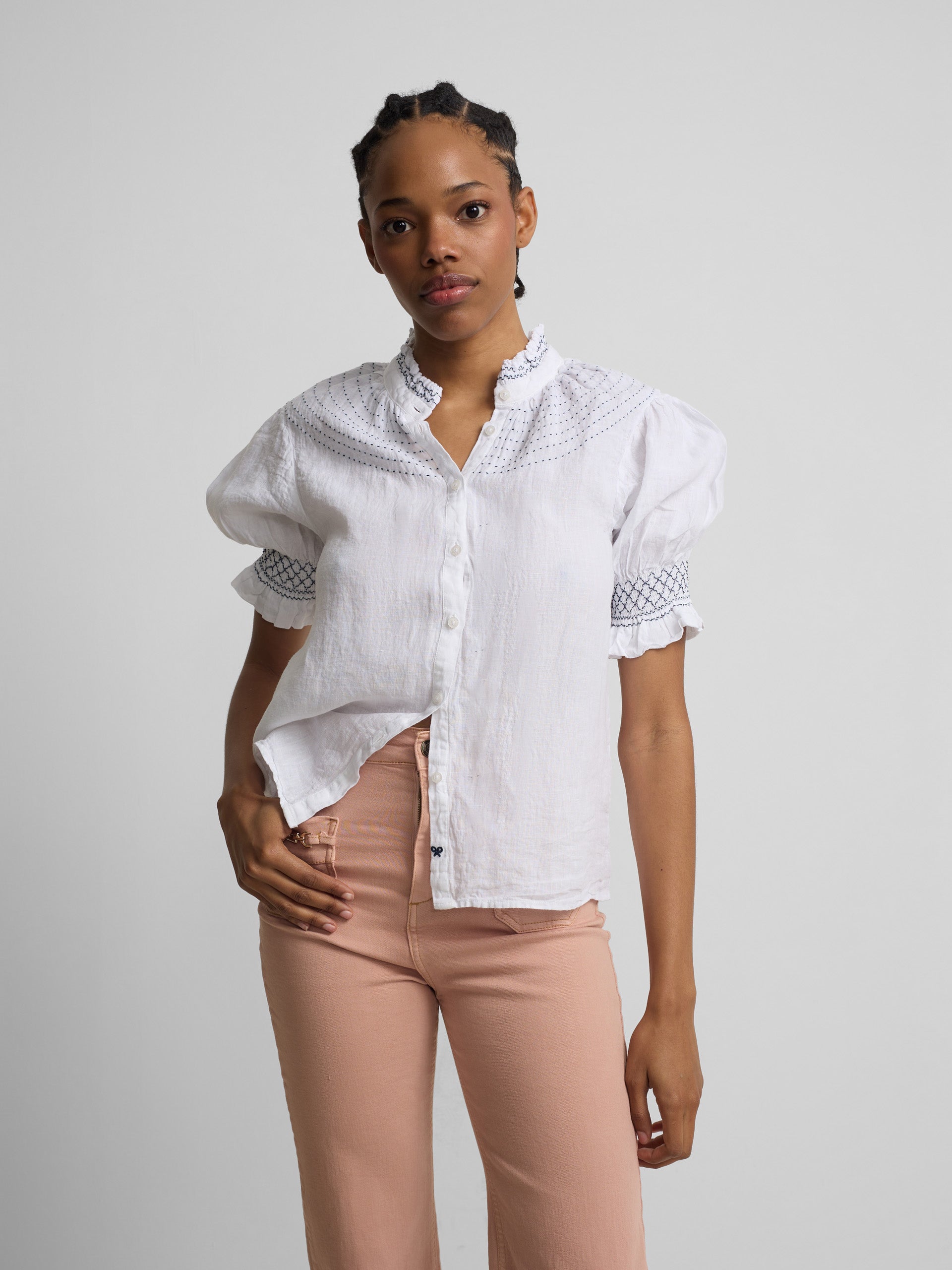 Camisa fruncida manga corta lino blanca