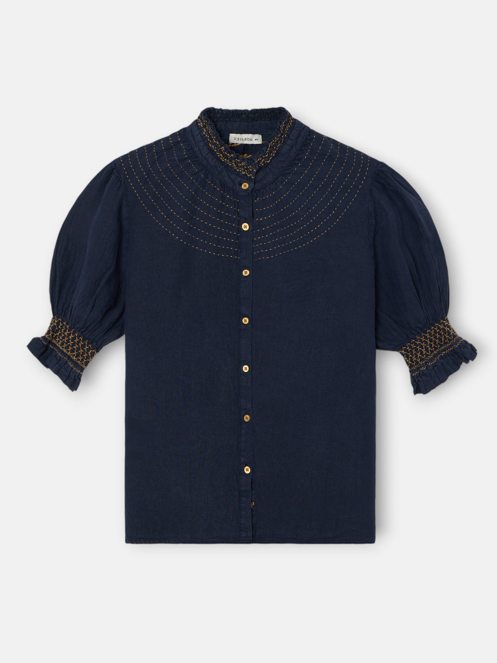 Chemise froncée à manches courtes en lin bleu marine