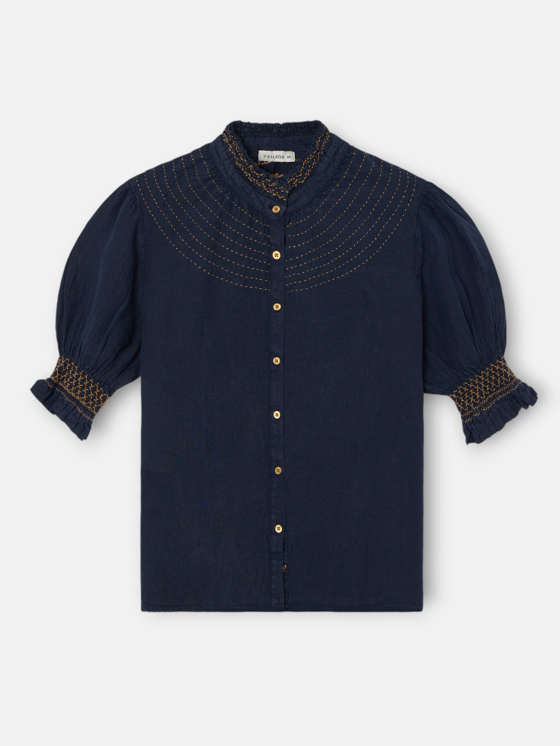 Chemise froncée à manches courtes en lin bleu marine