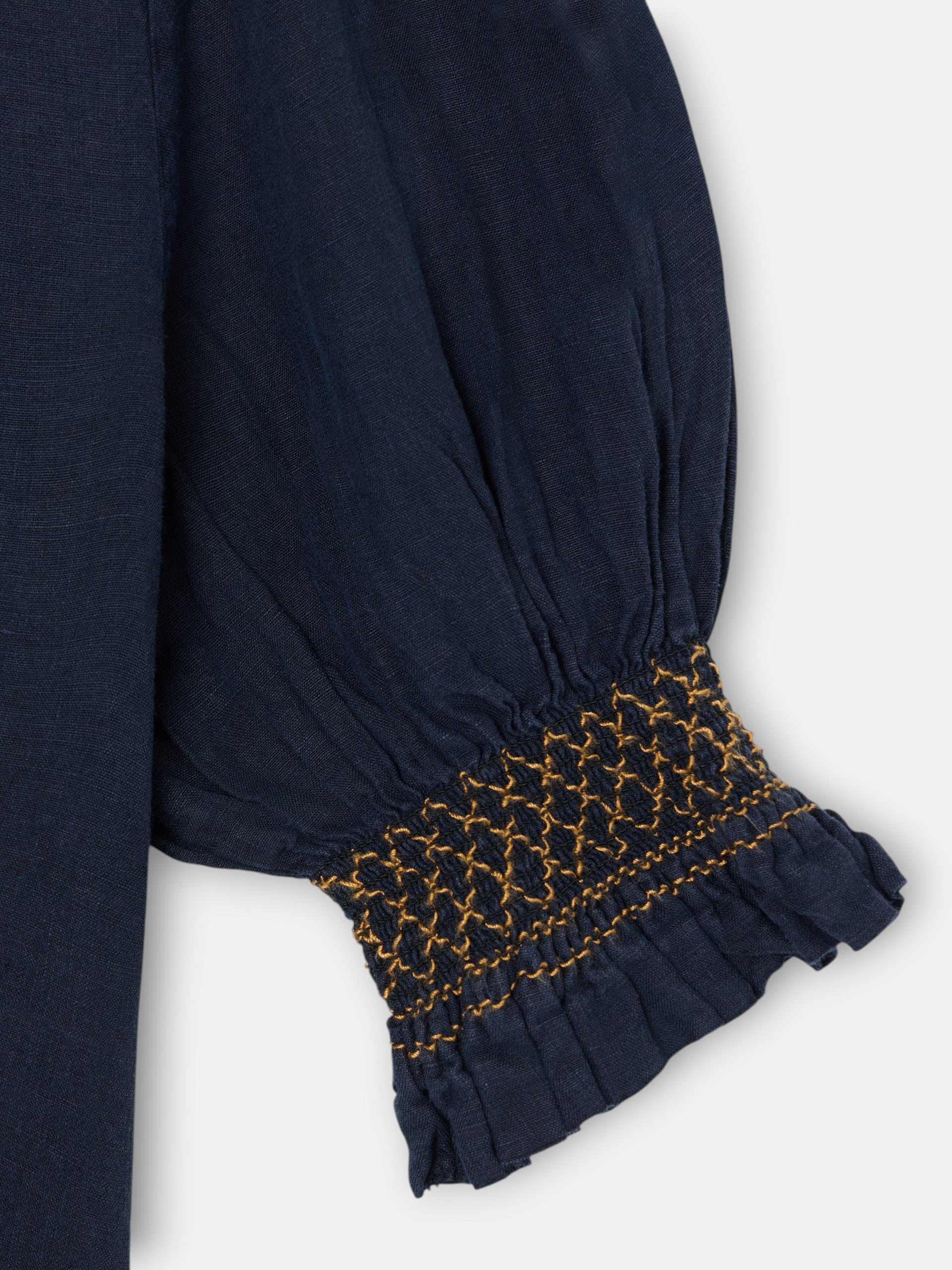 Chemise froncée à manches courtes en lin bleu marine