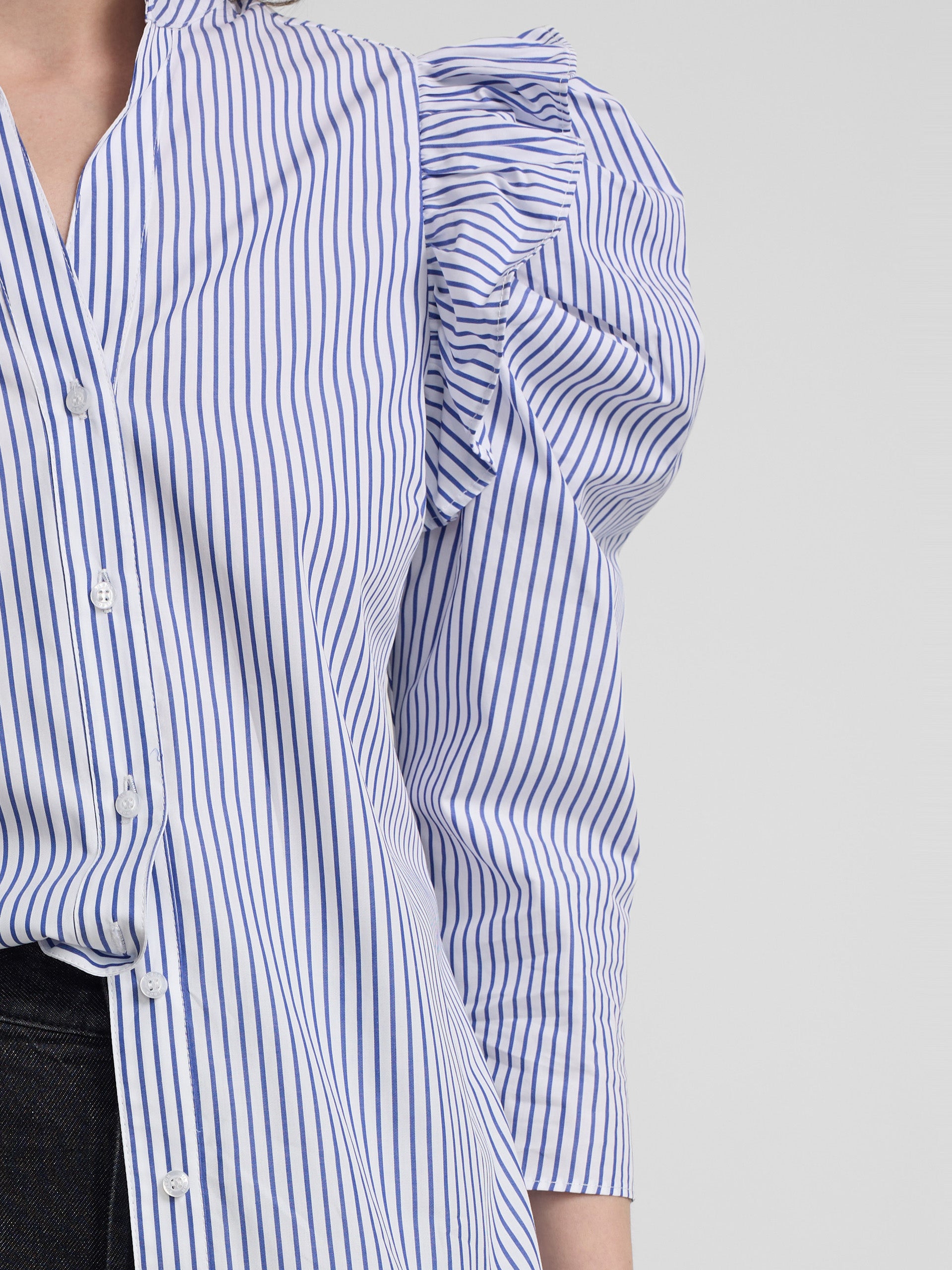 Blue and white striped puff sleeve shirt