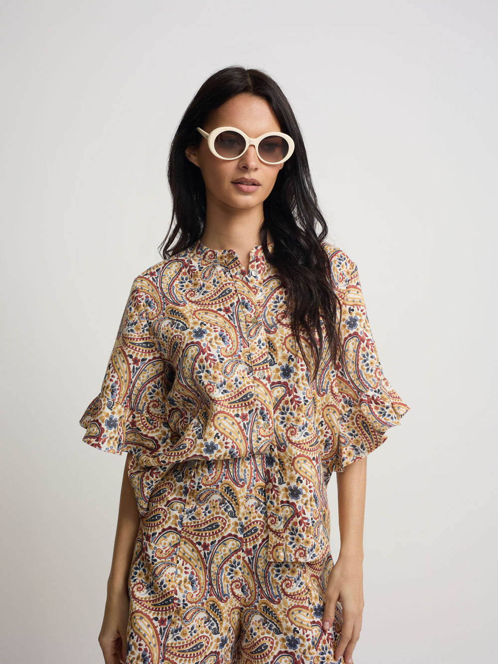 Blusa de manga com folho estampada com laranjas