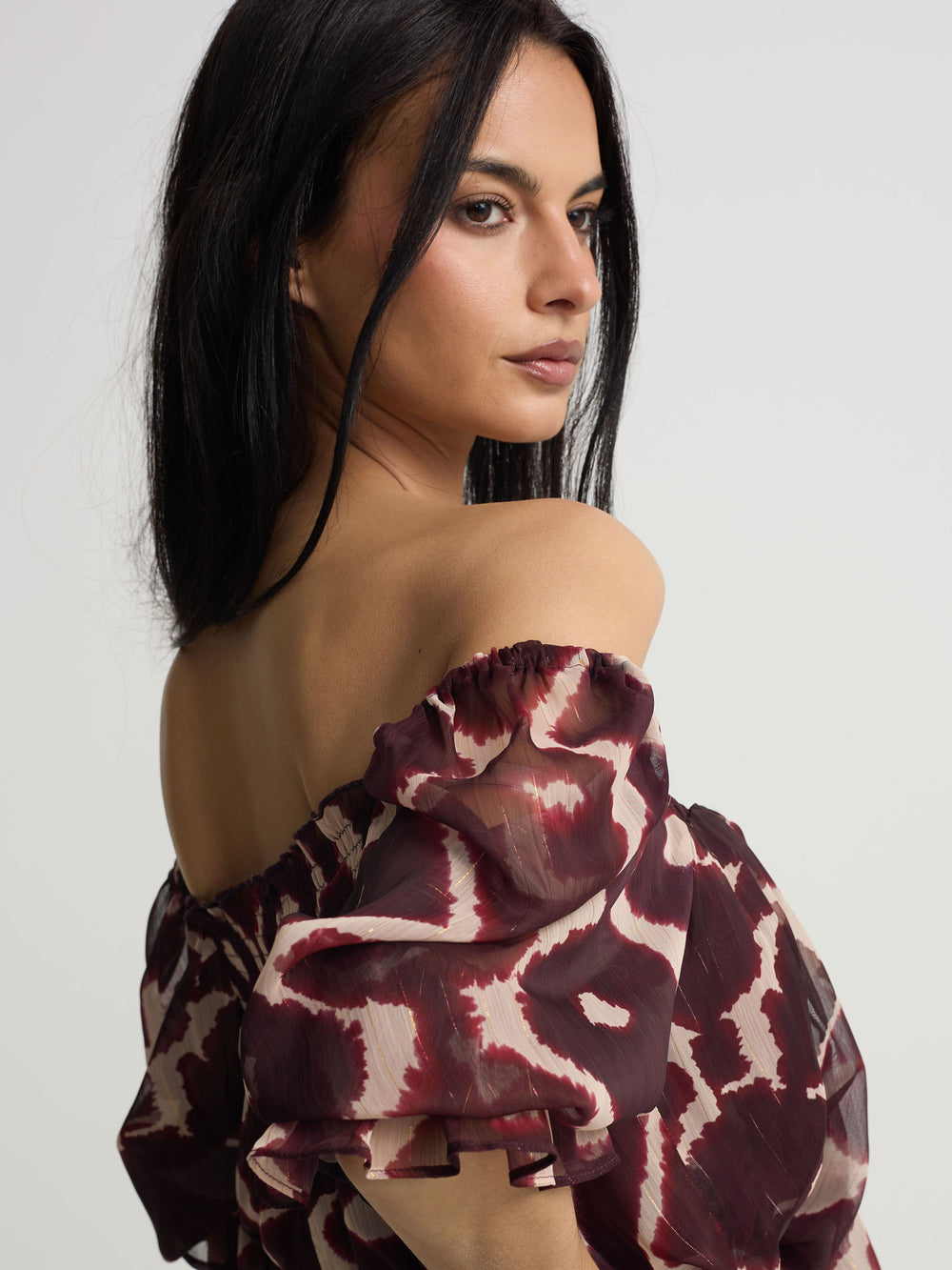 Blouse froncée à imprimé marron