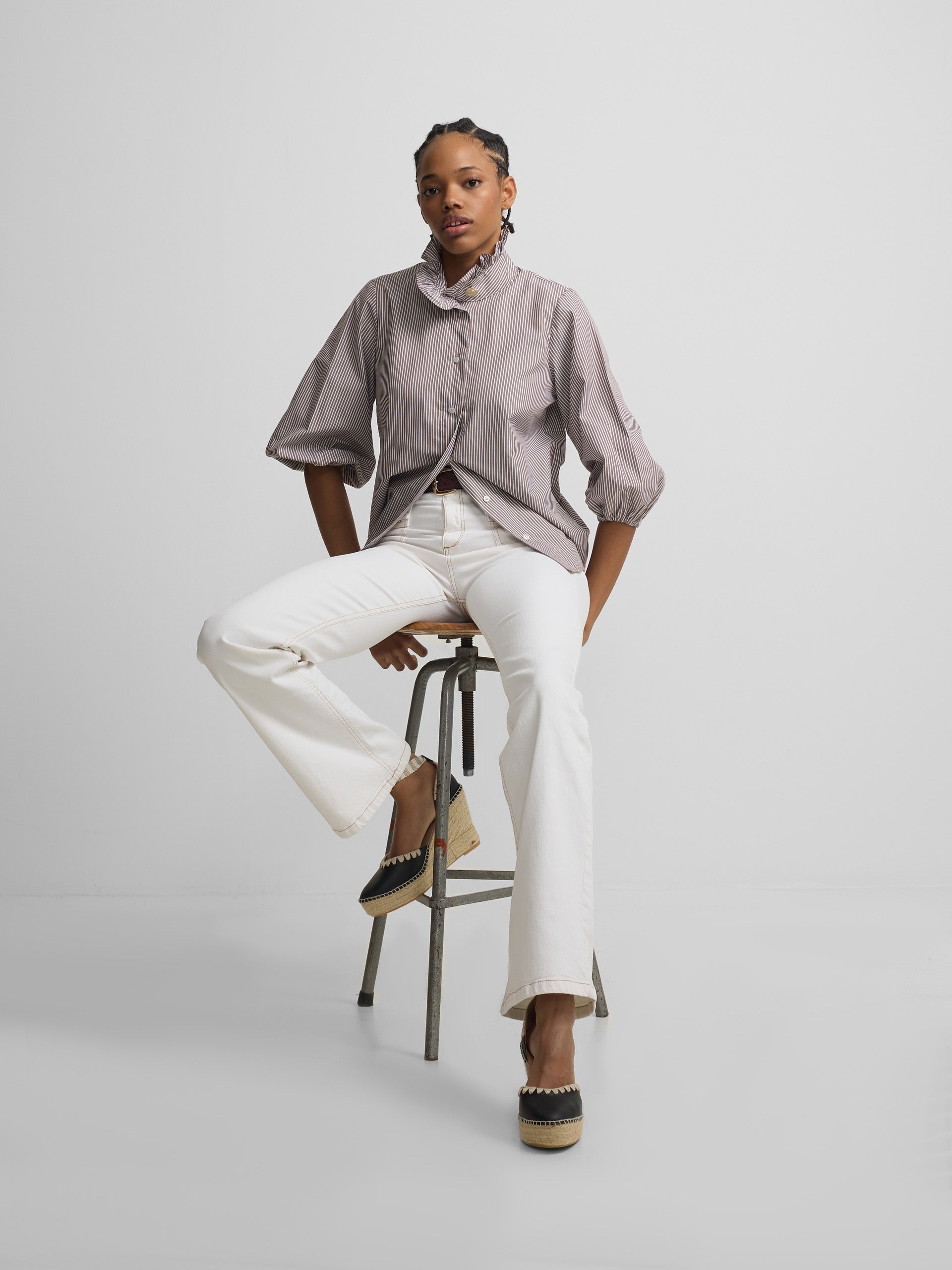 Brown striped puff sleeve shirt