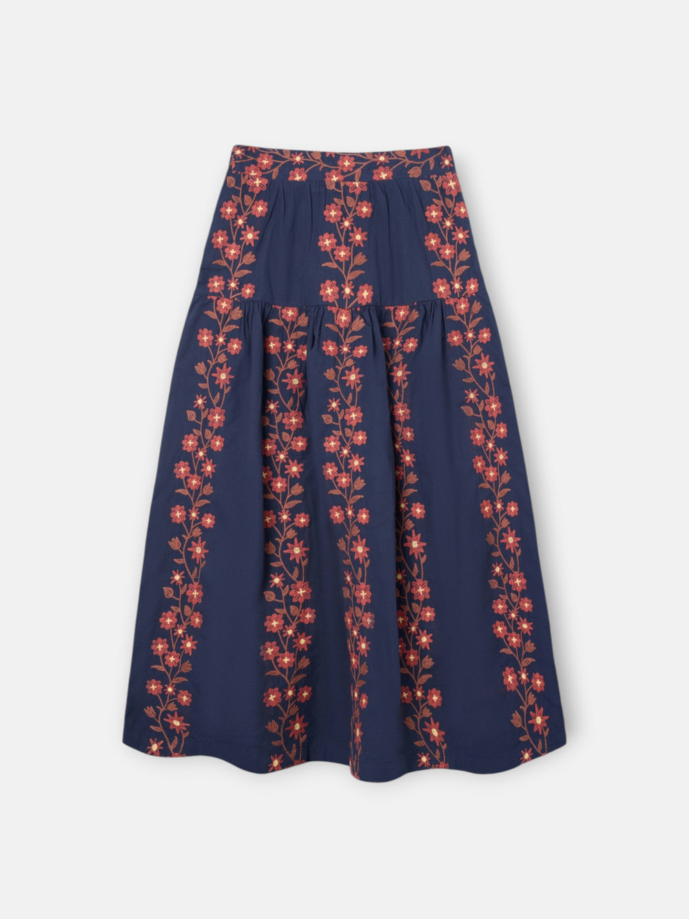 Saia comprida azul com flores bordadas
