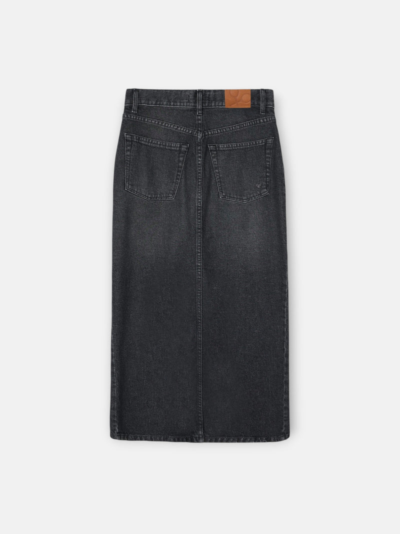 Jupe midi droite à boucle en denim gris