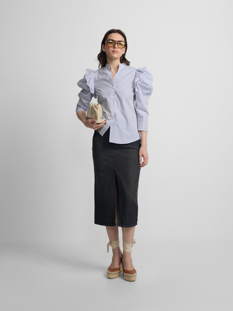 Jupe midi droite à boucle en denim gris