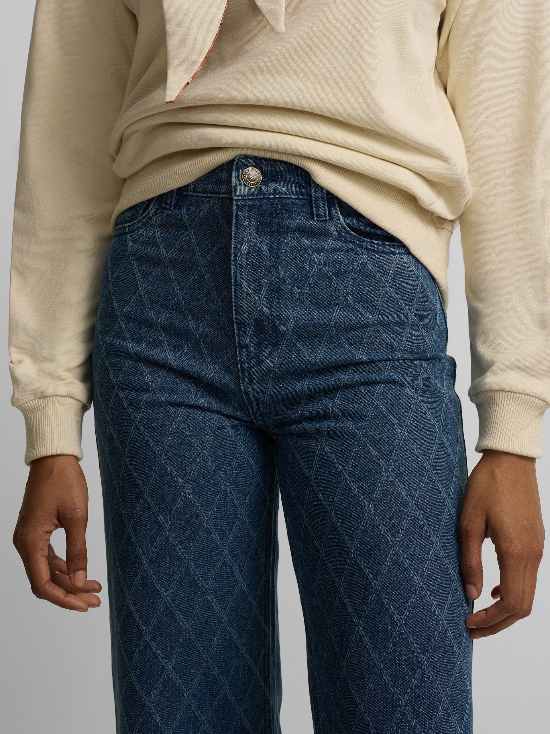 Blue diamond print denim trousers