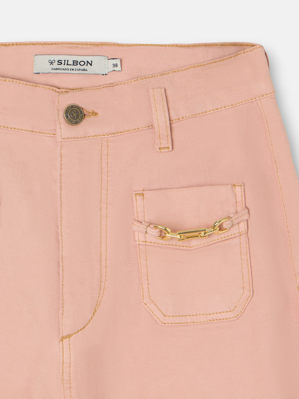 Pantalon en denim à boucles corail
