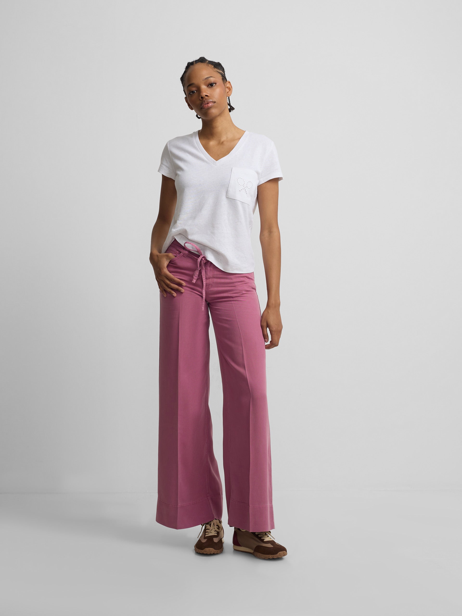 Raspberry drawstring denim trousers