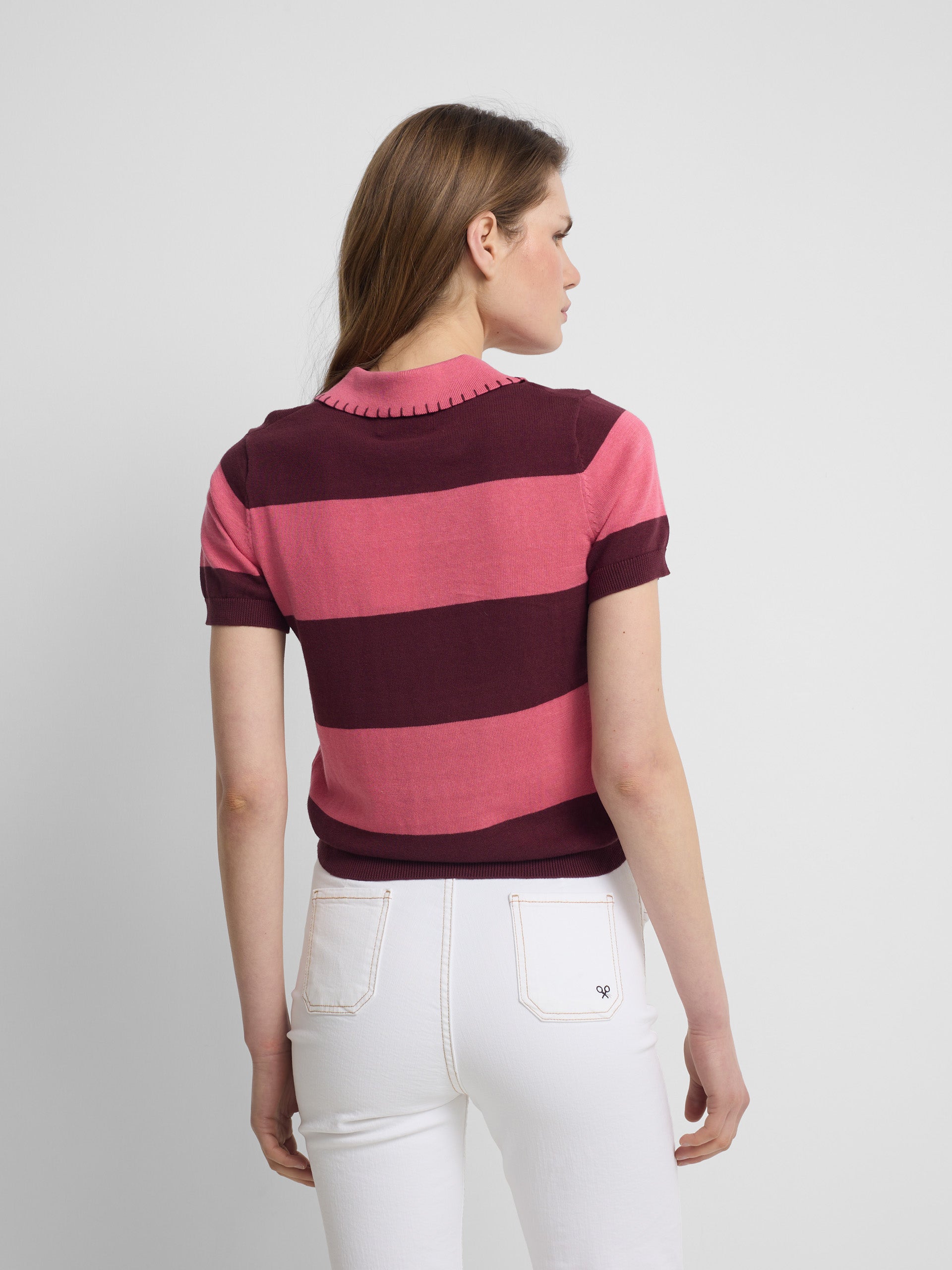 Short-sleeved knit polo with pink stripes