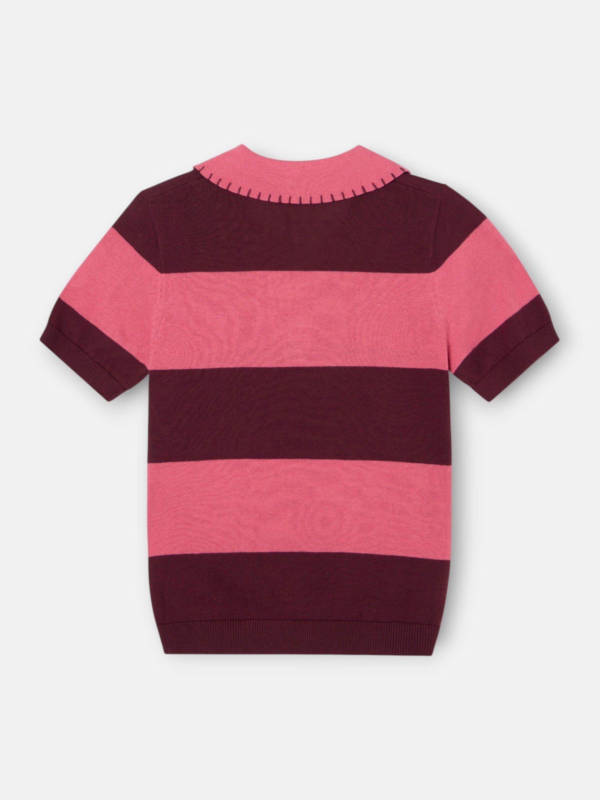 Short-sleeved knit polo with pink stripes
