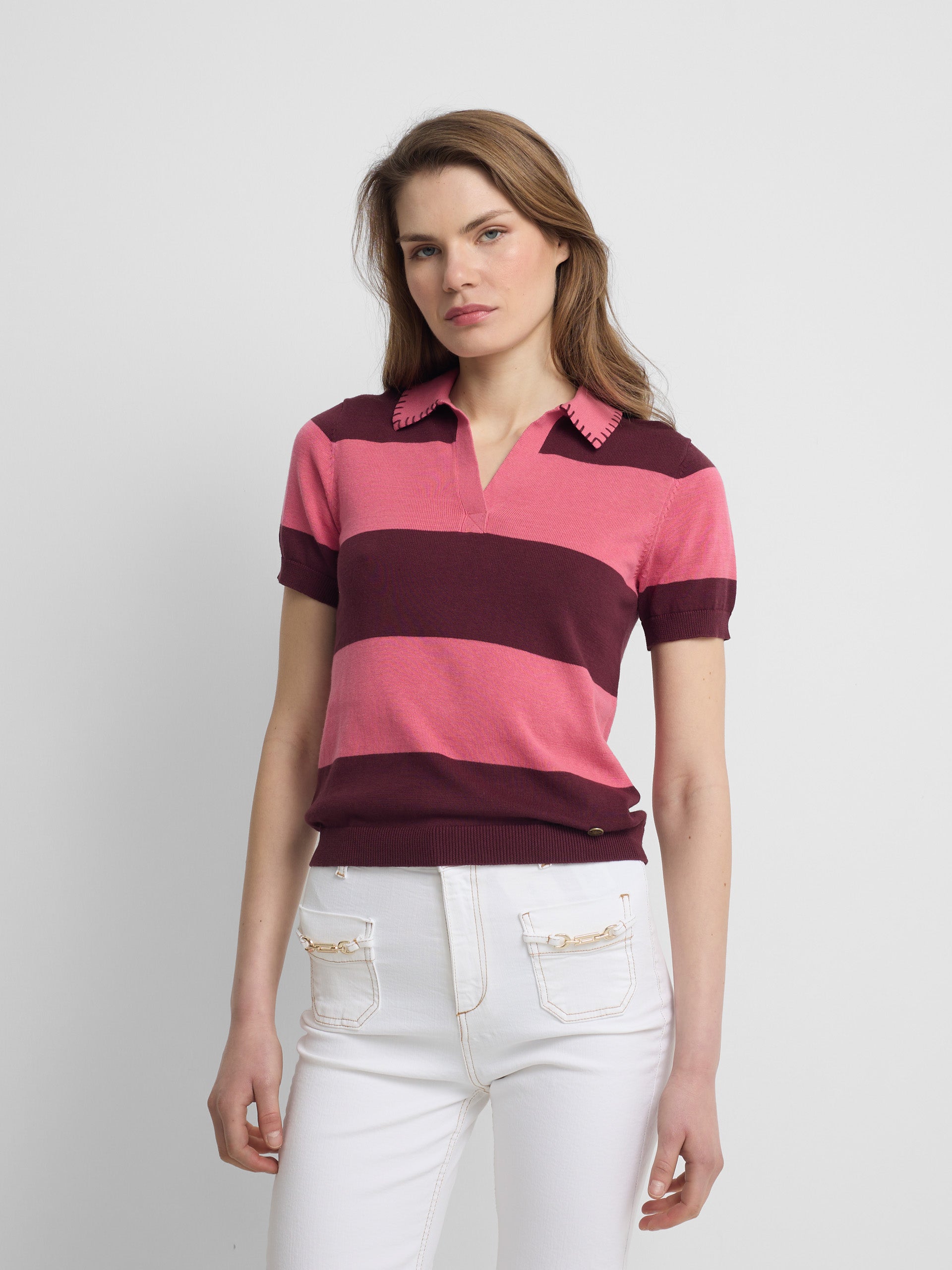 Short-sleeved knit polo with pink stripes