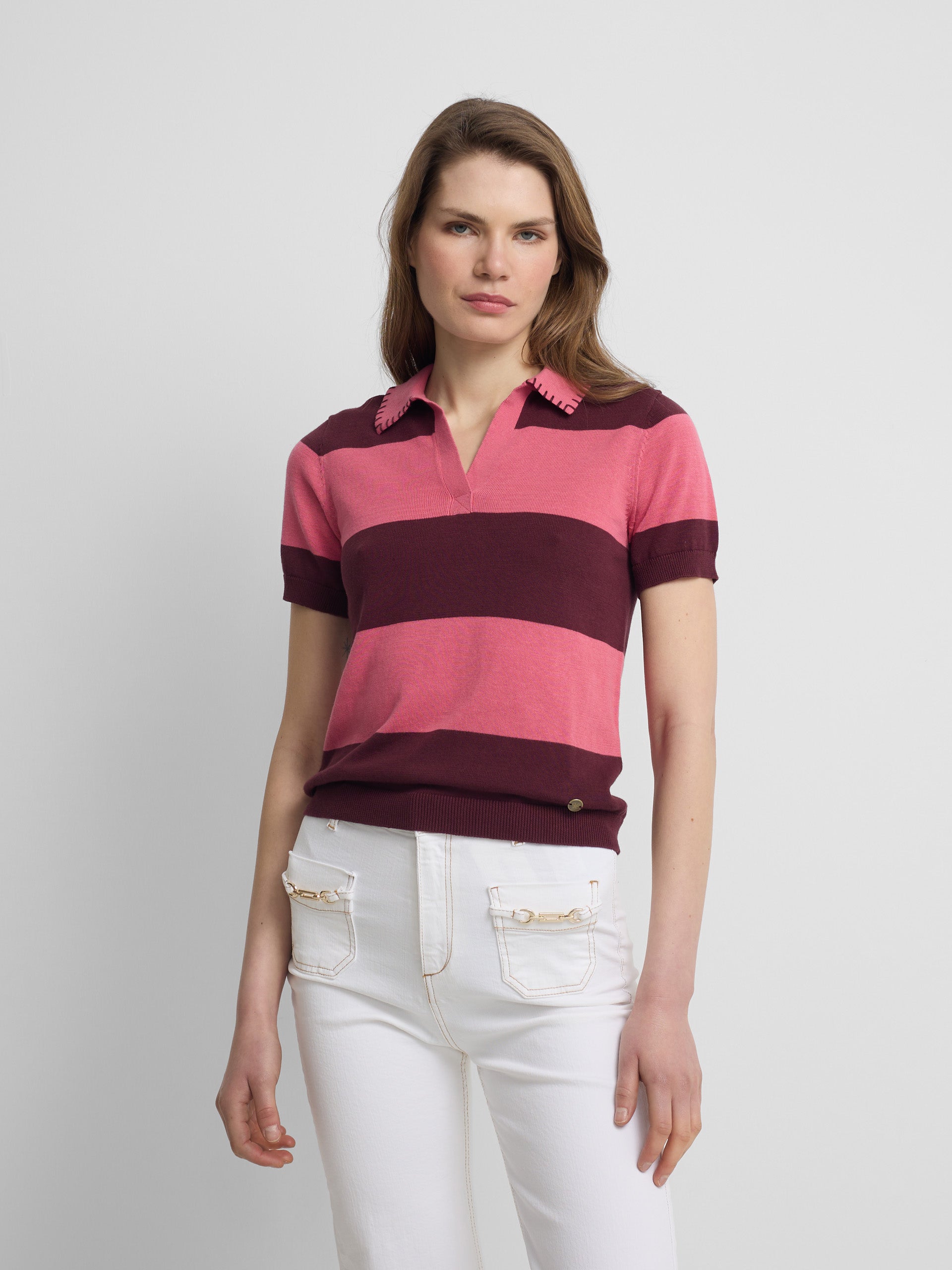 Short-sleeved knit polo with pink stripes