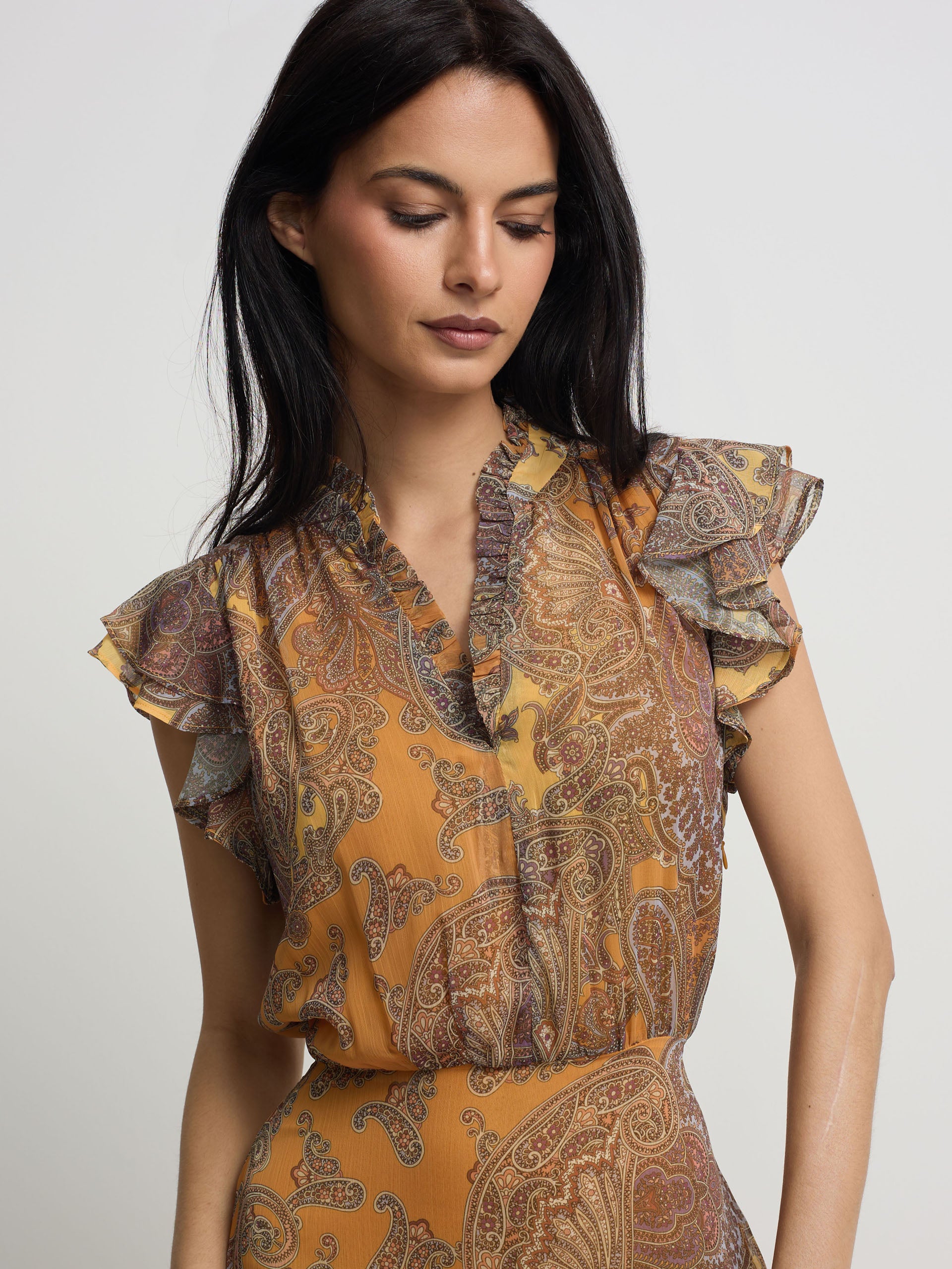 Midi flared dress with orange print