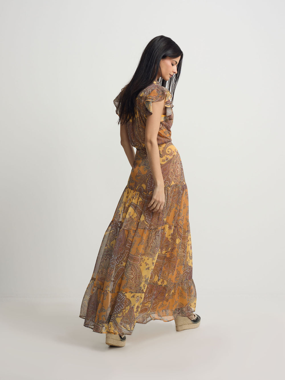 Midi flared dress with orange print