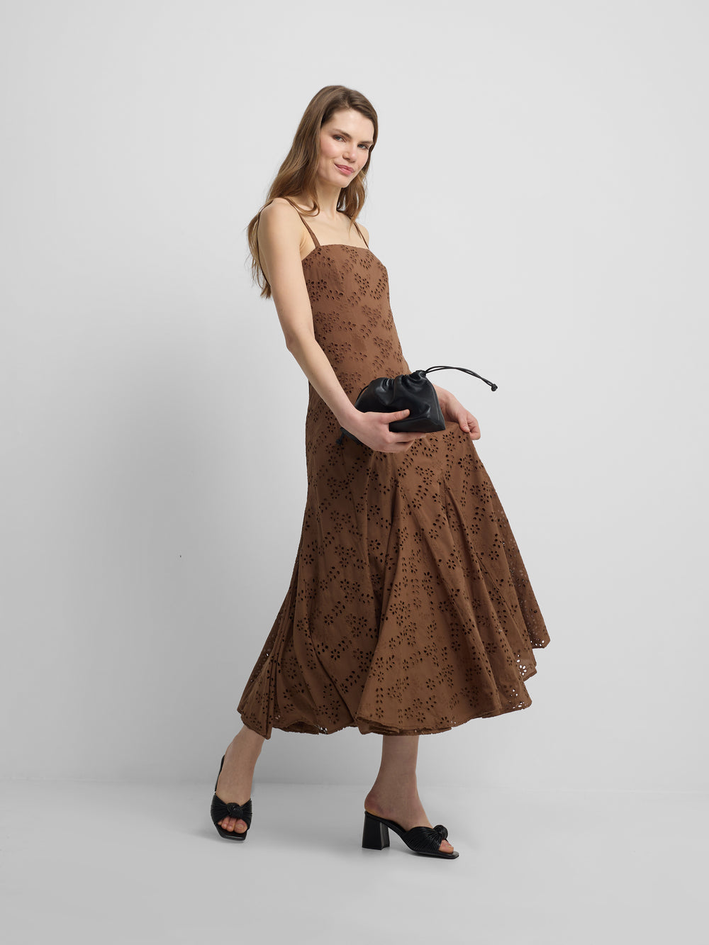 Brown embroidered midi dress