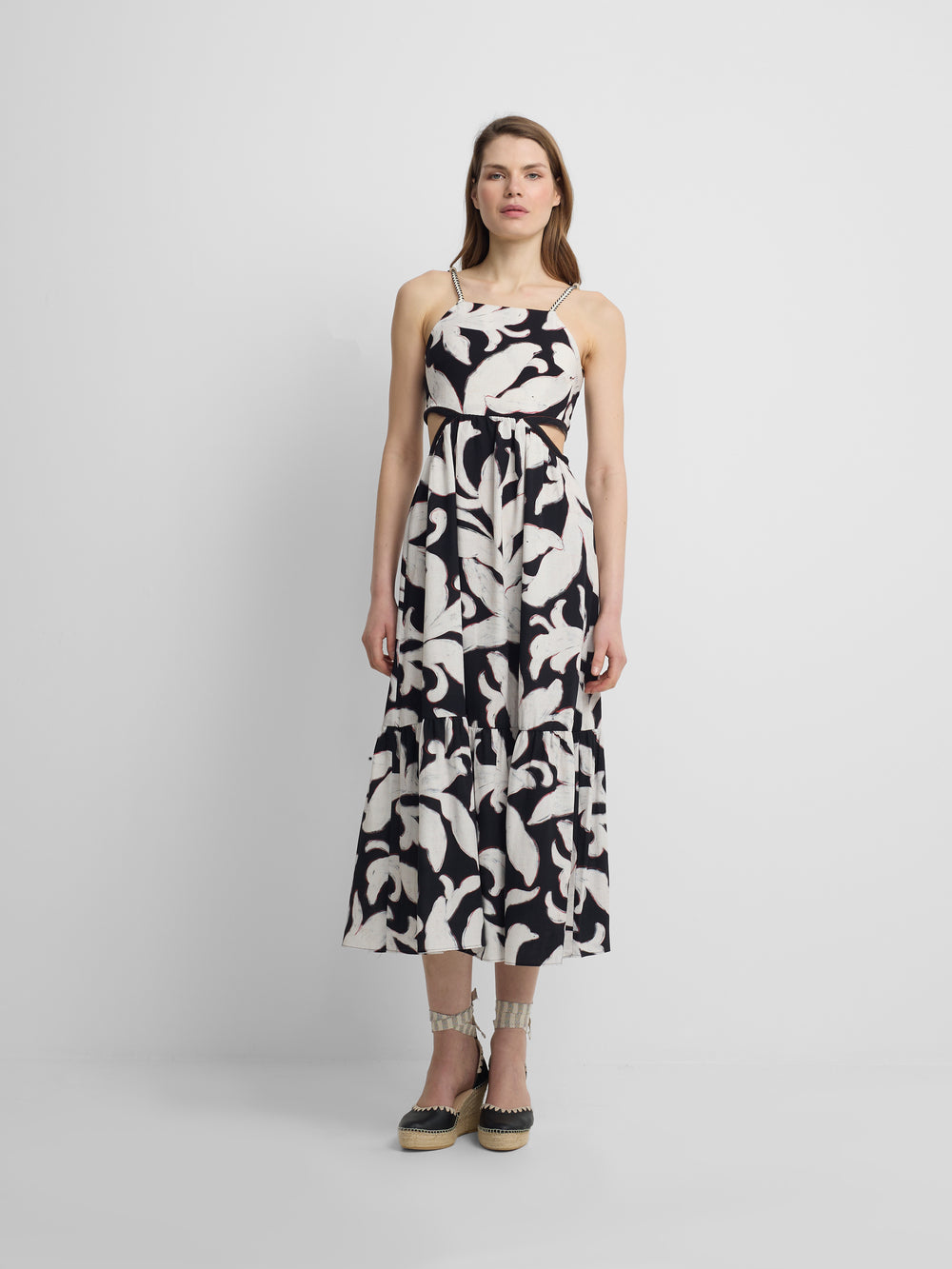 Black floral print cut-out dress