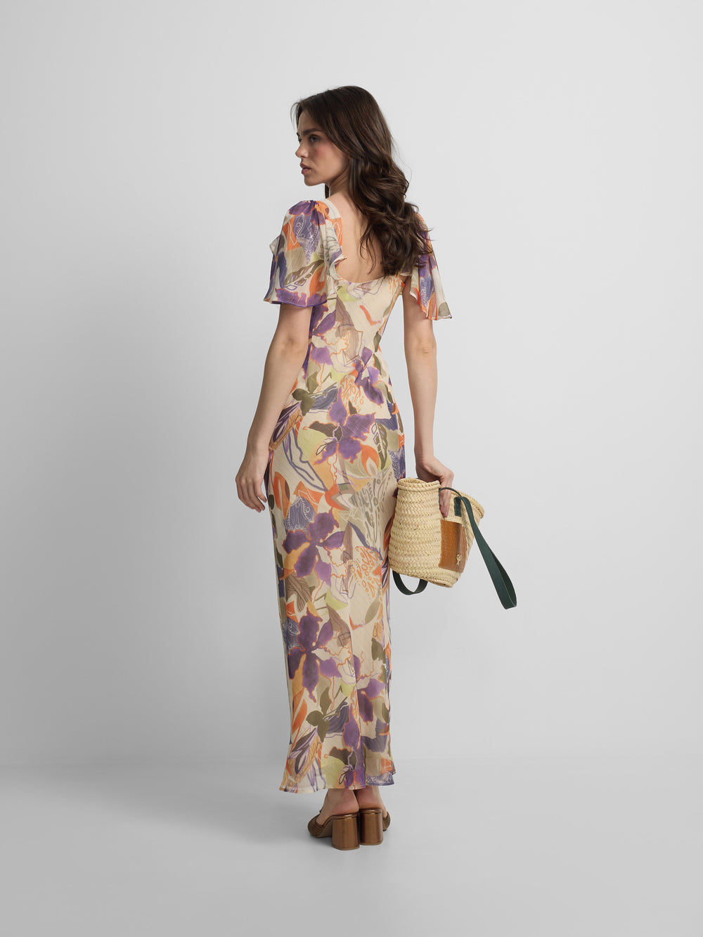 Vestido largo estampado flores moradas y naranjas
