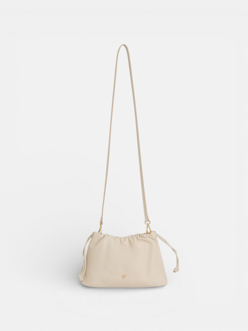 Gathered leather bag with chain detail in off-white