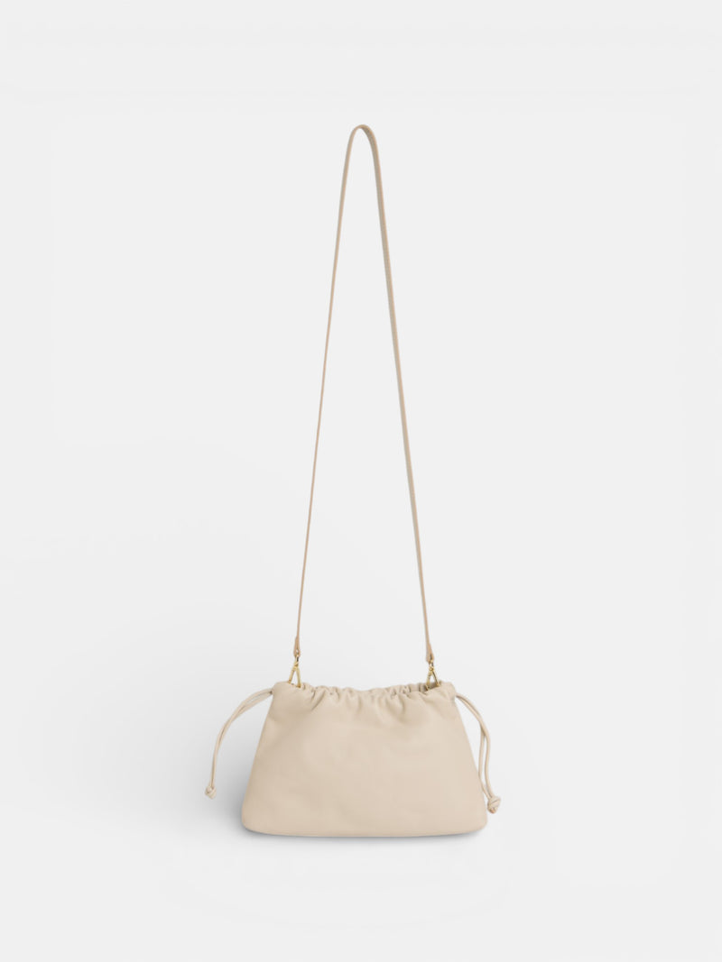 Gathered leather bag with chain detail in off-white