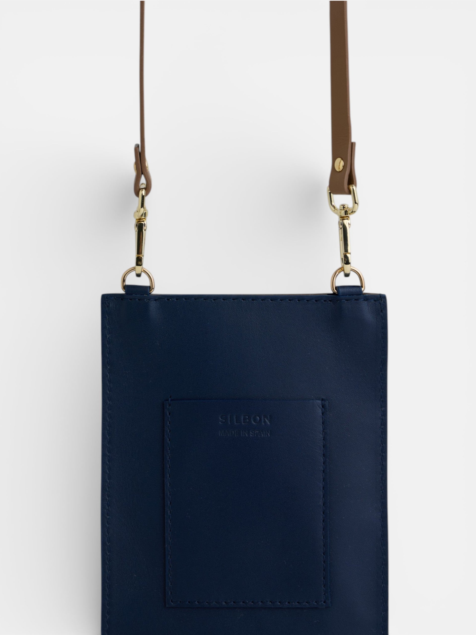 Porte-téléphone en cuir bleu marine et camel