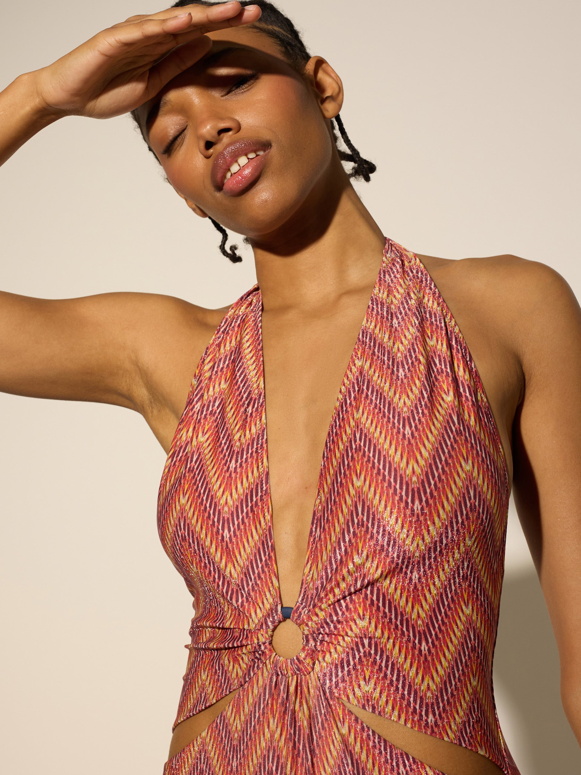 Halter swimsuit with rose herringbone