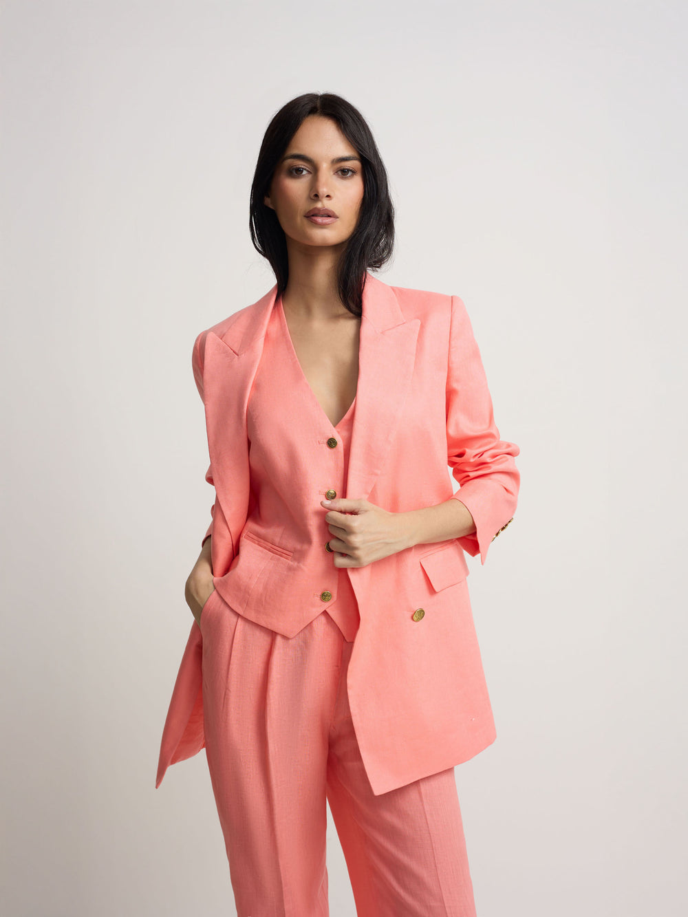 Classic double-breasted coral blazer
