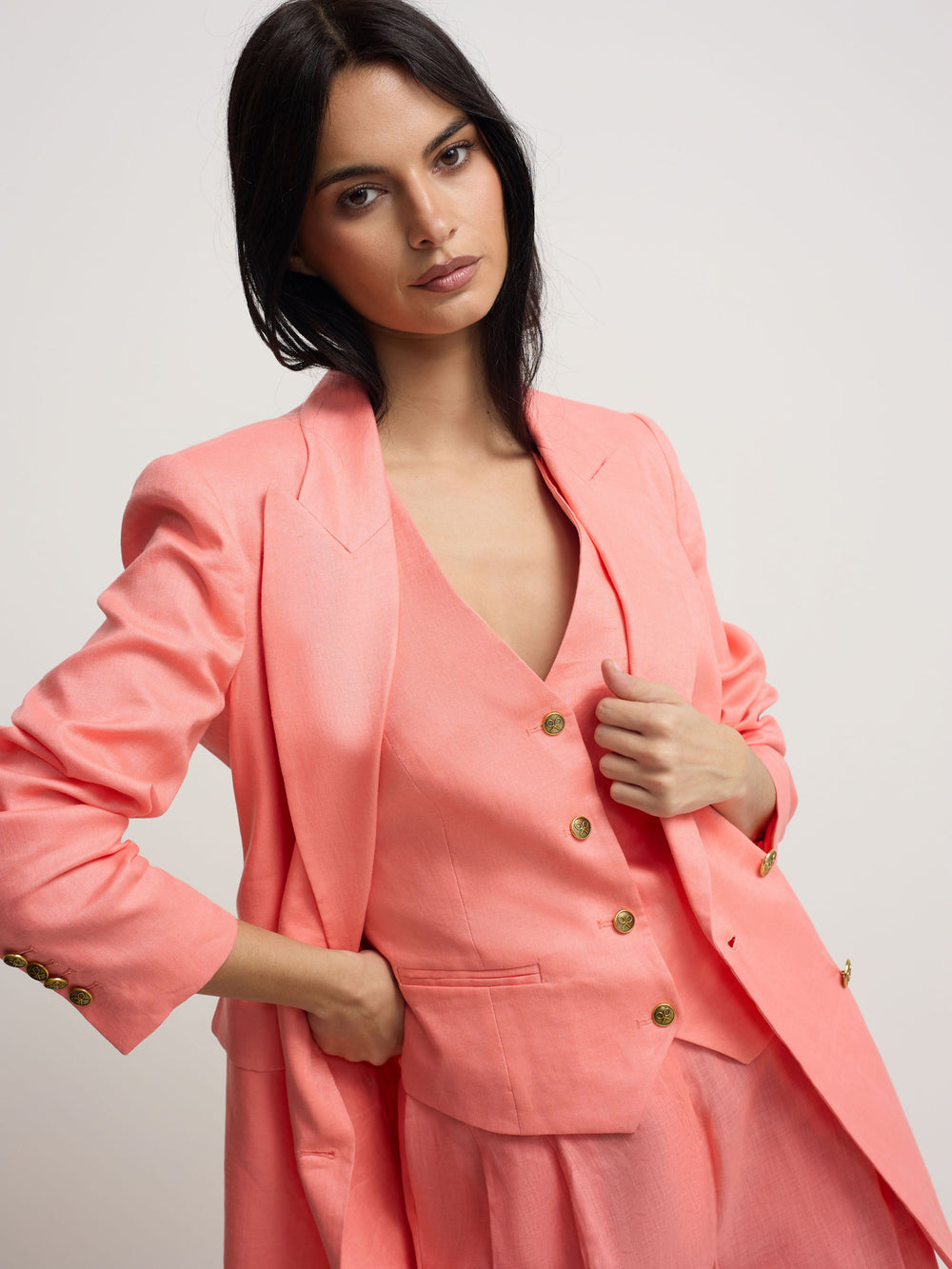Classic double-breasted coral blazer