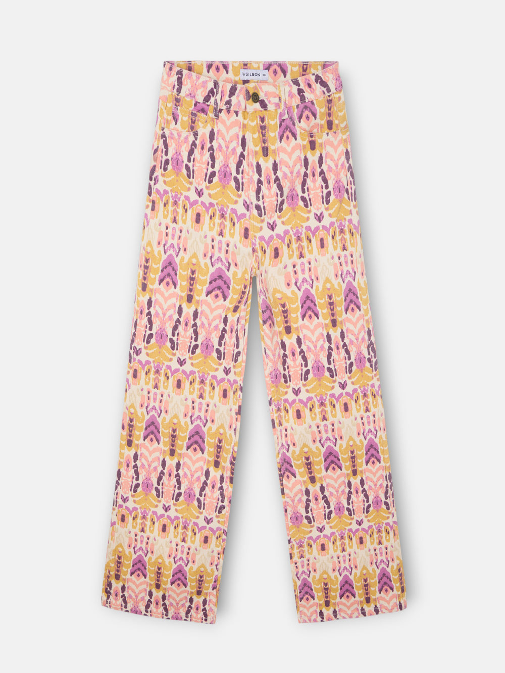 Ikat print denim trousers with roses