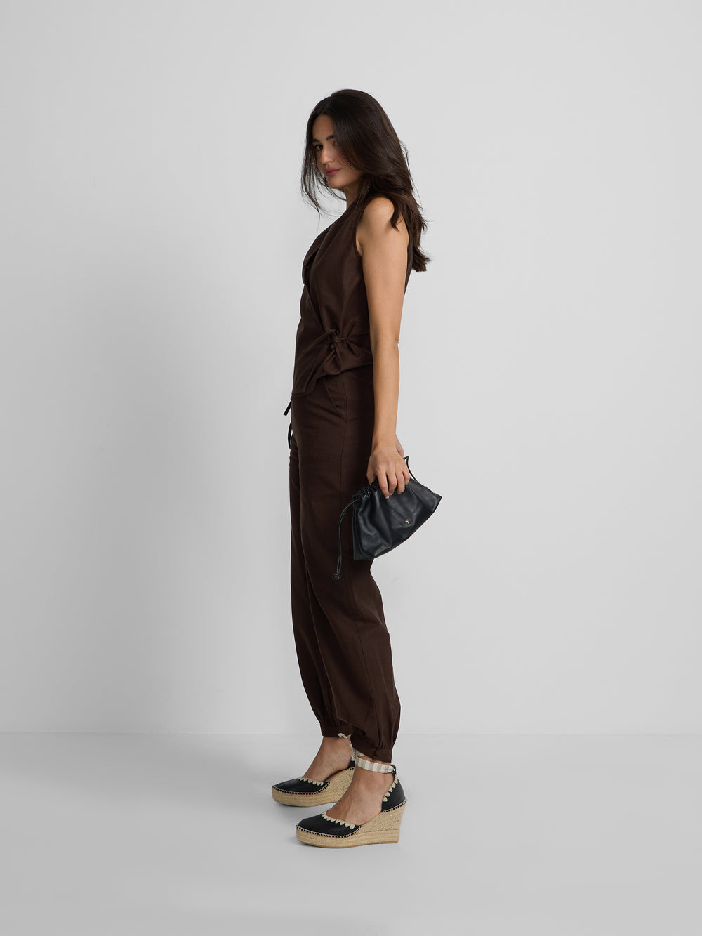 Pantalon bouffant en lin marron