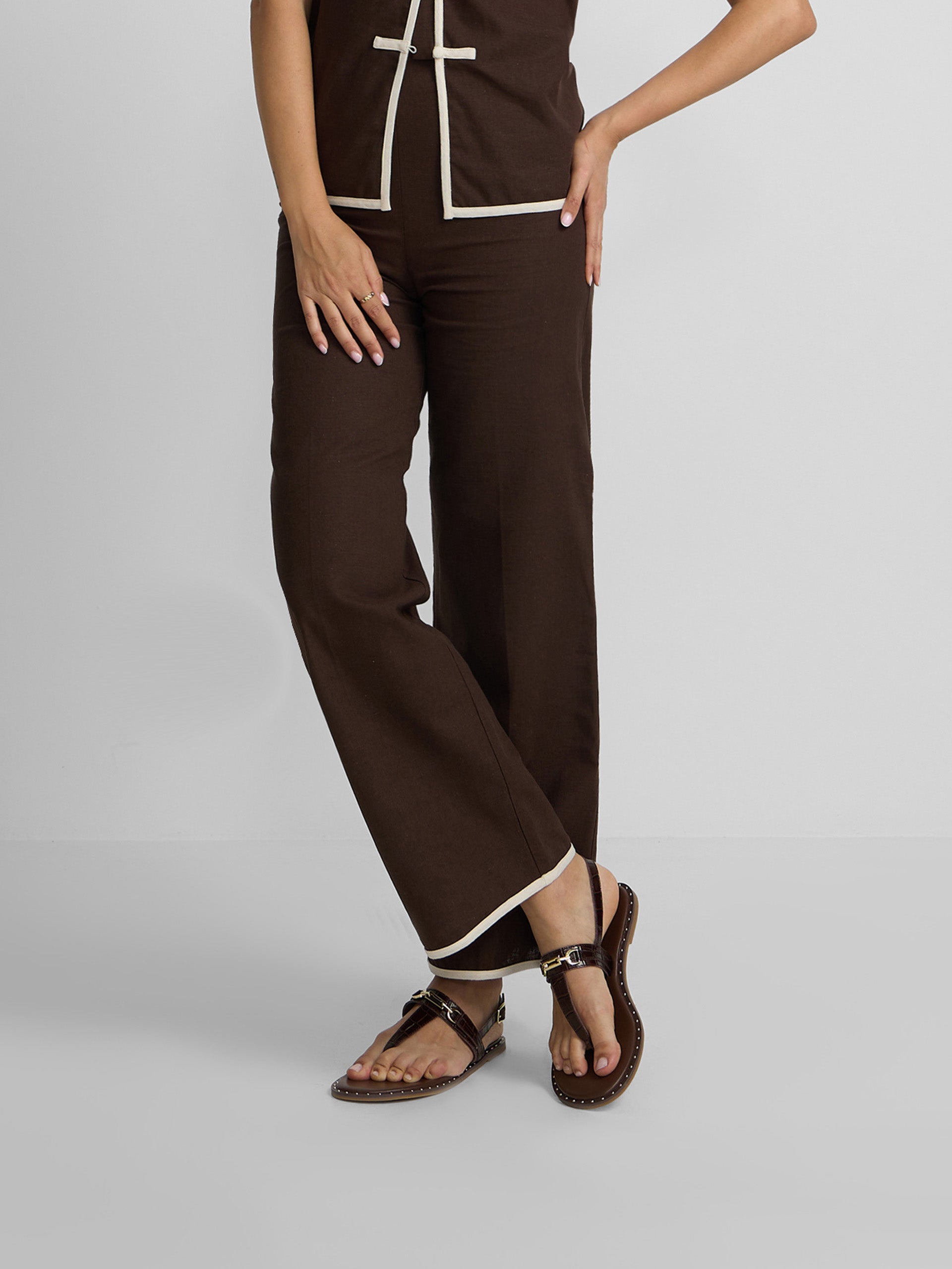 Pantalon droit en lin marron